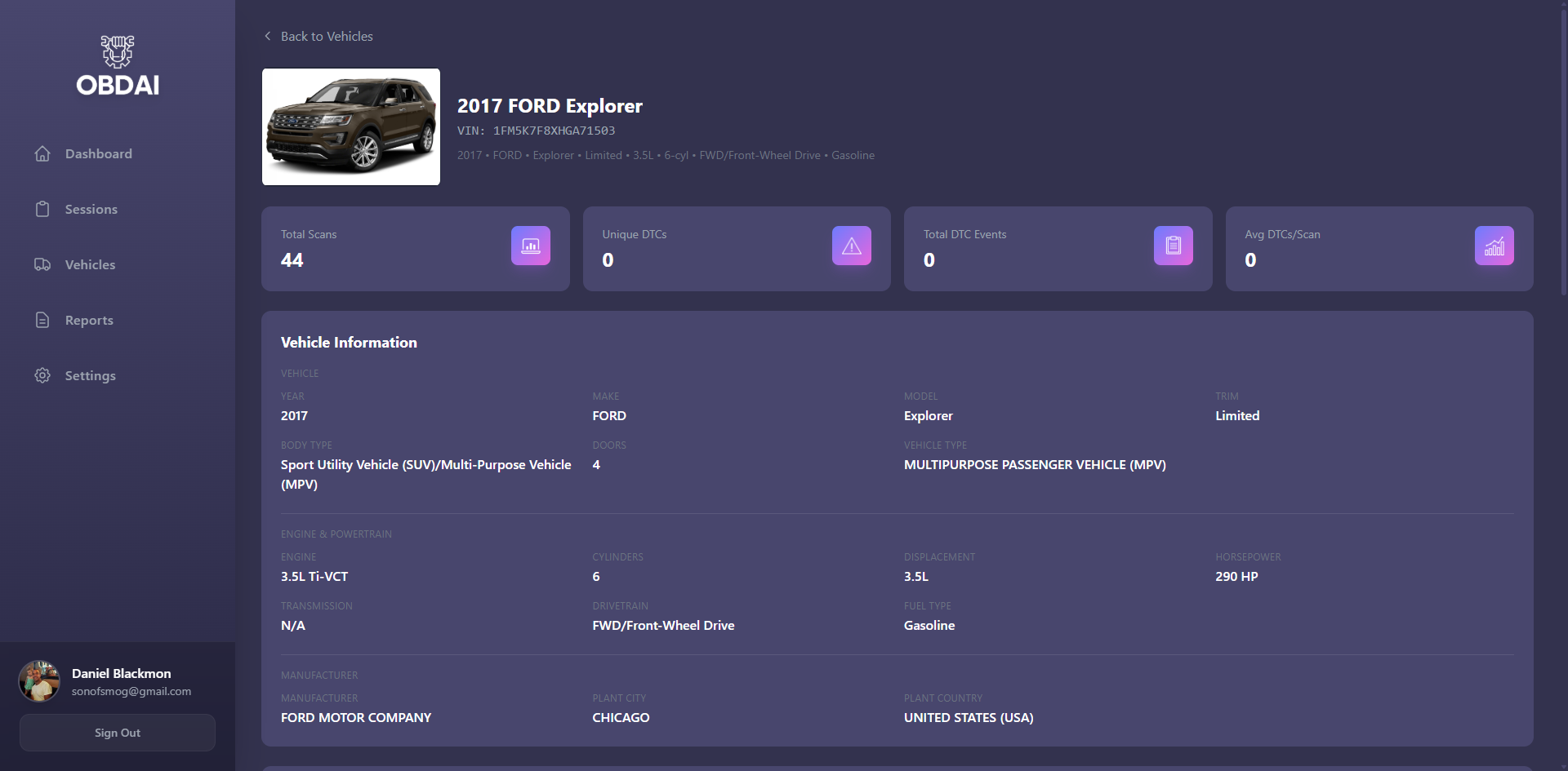 Screenshot: Vehicle Detail page