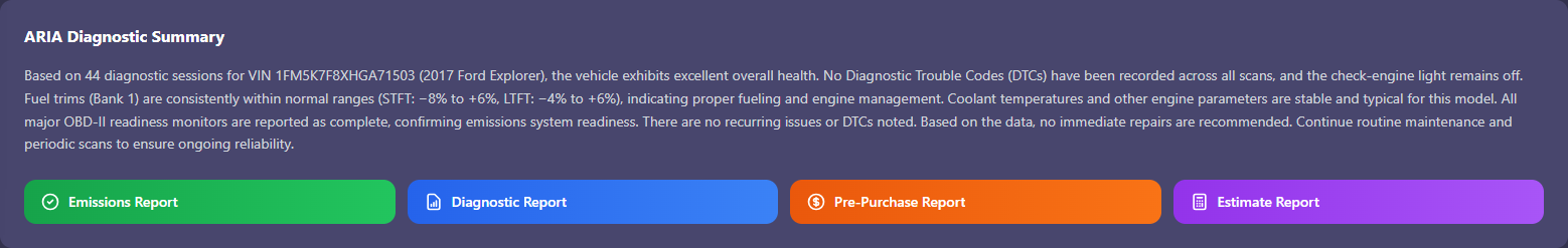 Screenshot: ARIA Diagnostic Summary with report buttons