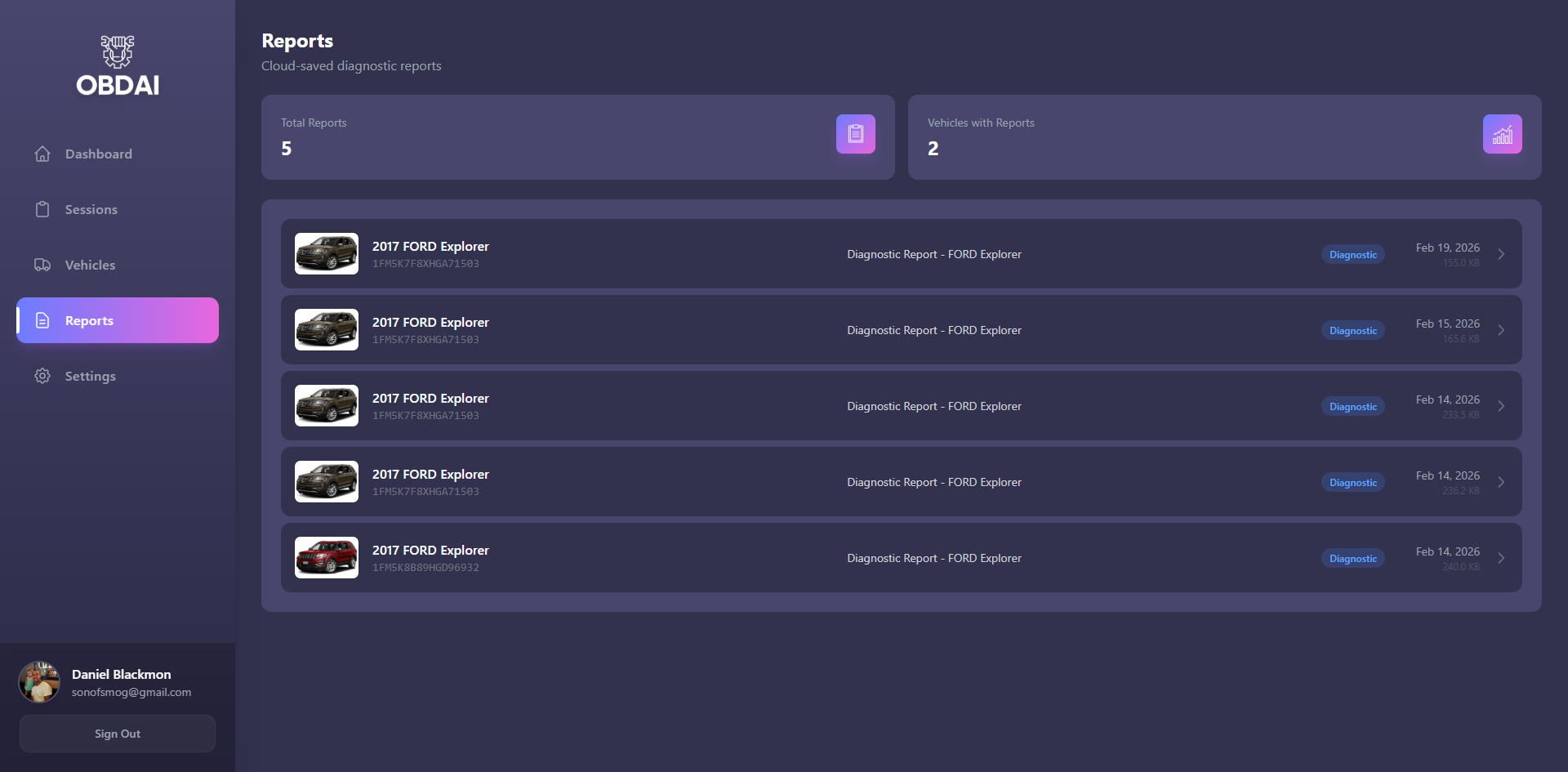 Screenshot: Reports page