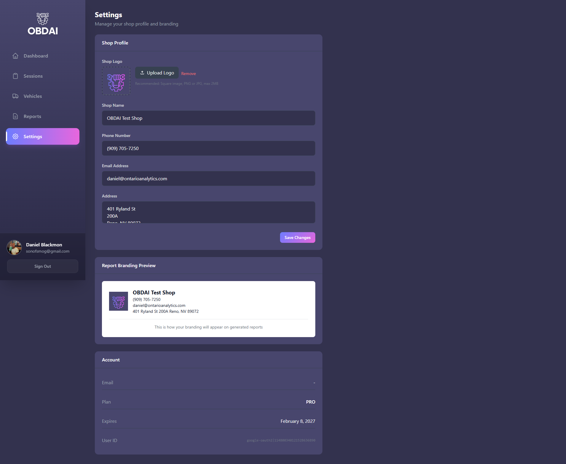 Screenshot: Settings page