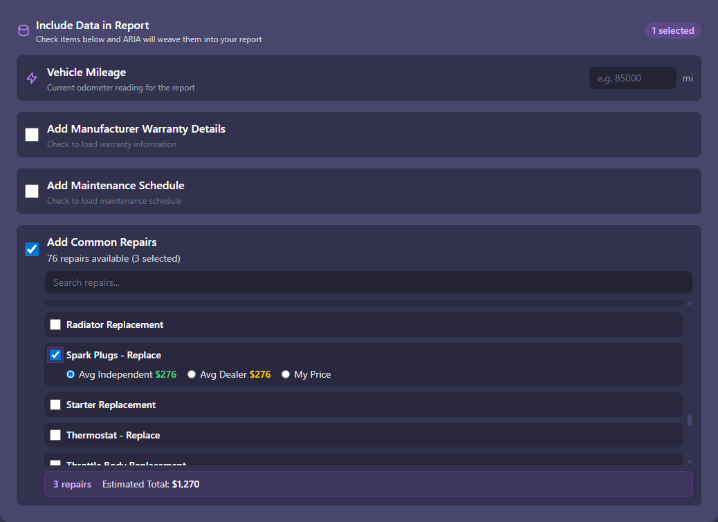 OBDAI PRO — Select repairs and pricing