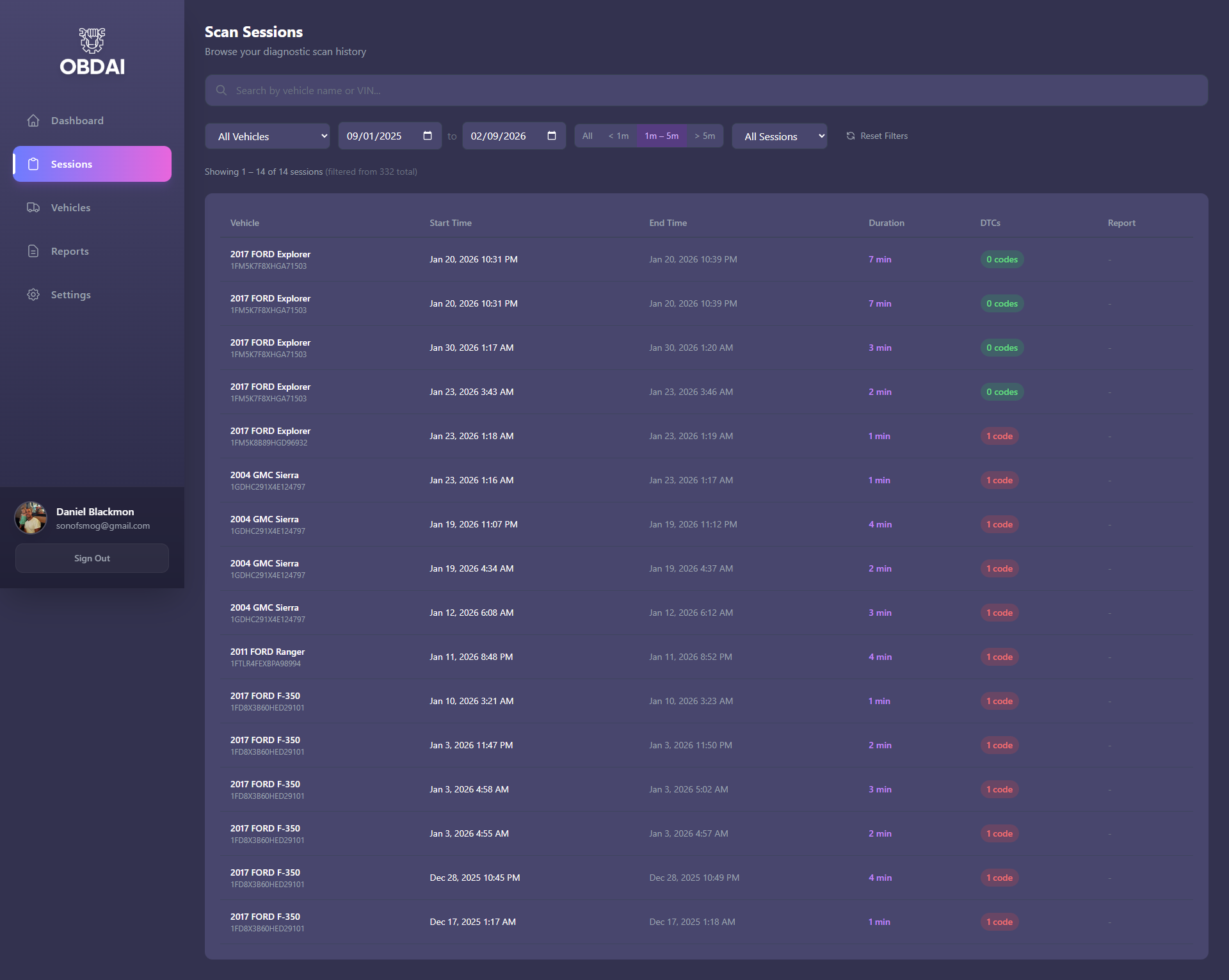 OBDAI Scan Sessions — search, filter by vehicle, date range, and duration