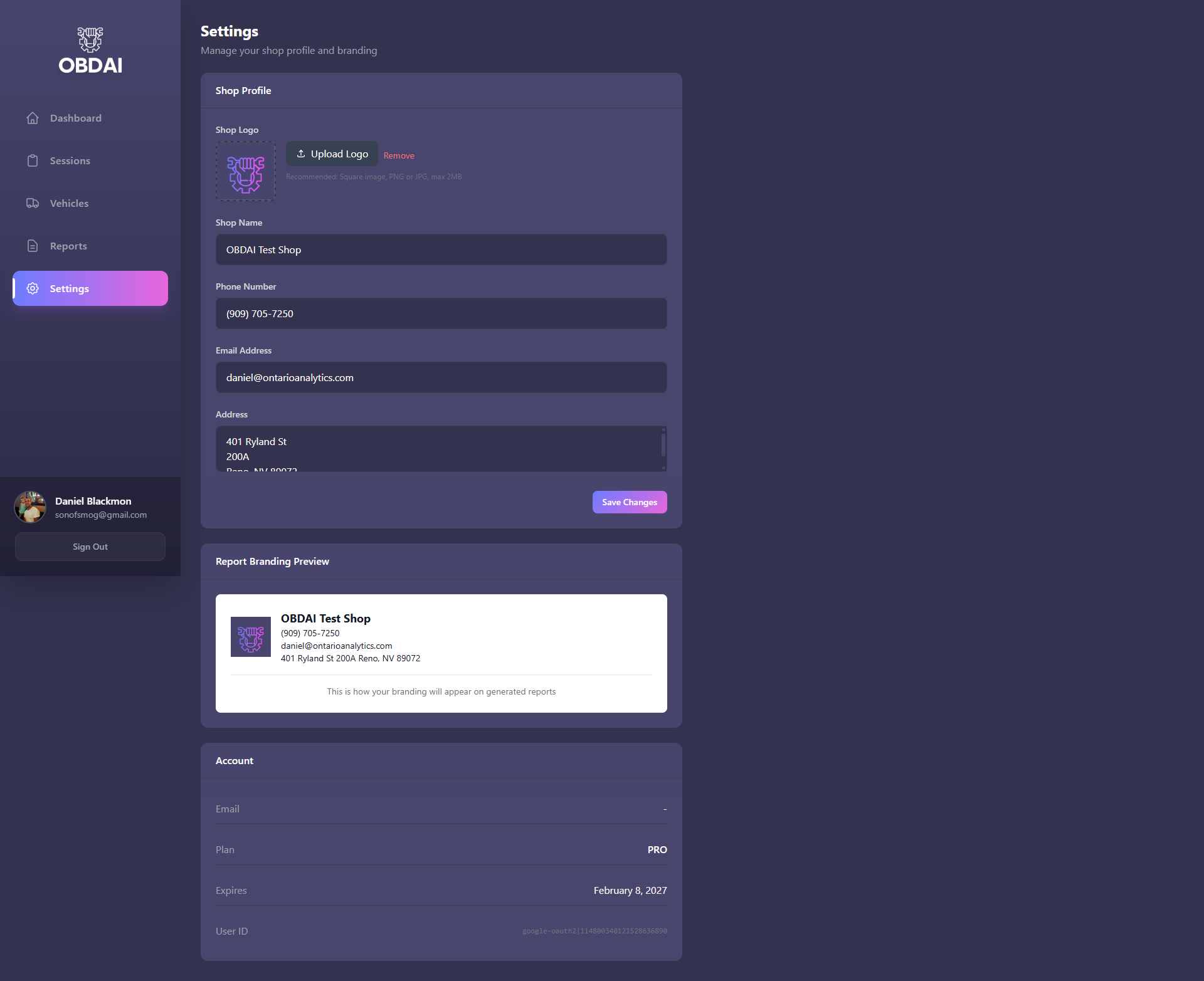 OBDAI Settings — Shop profile, logo upload, and branded report preview