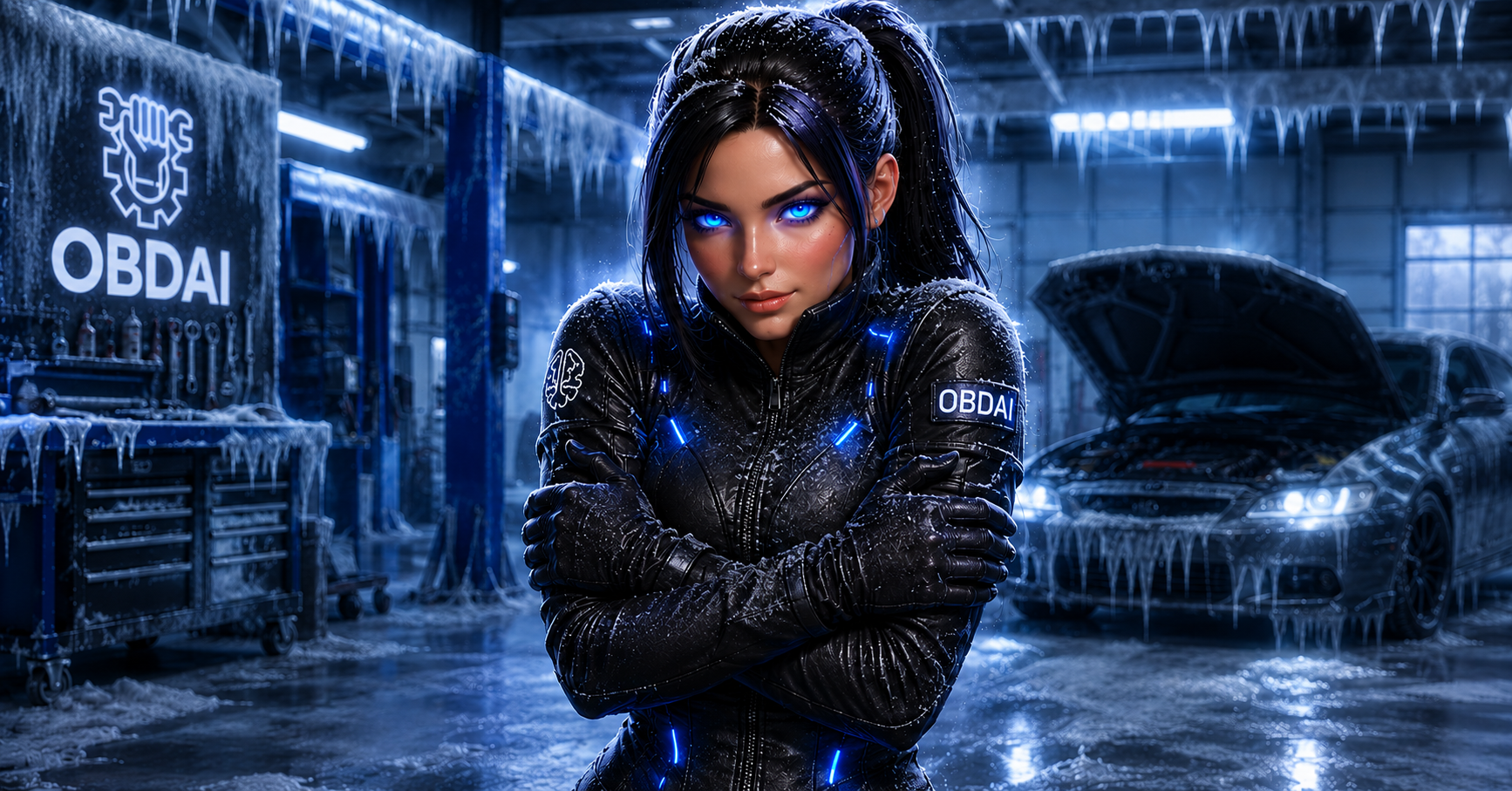 Futuristic woman mechanic with glowing blue accents stands in a frosty garage, arms crossed, car with open hood behind her.