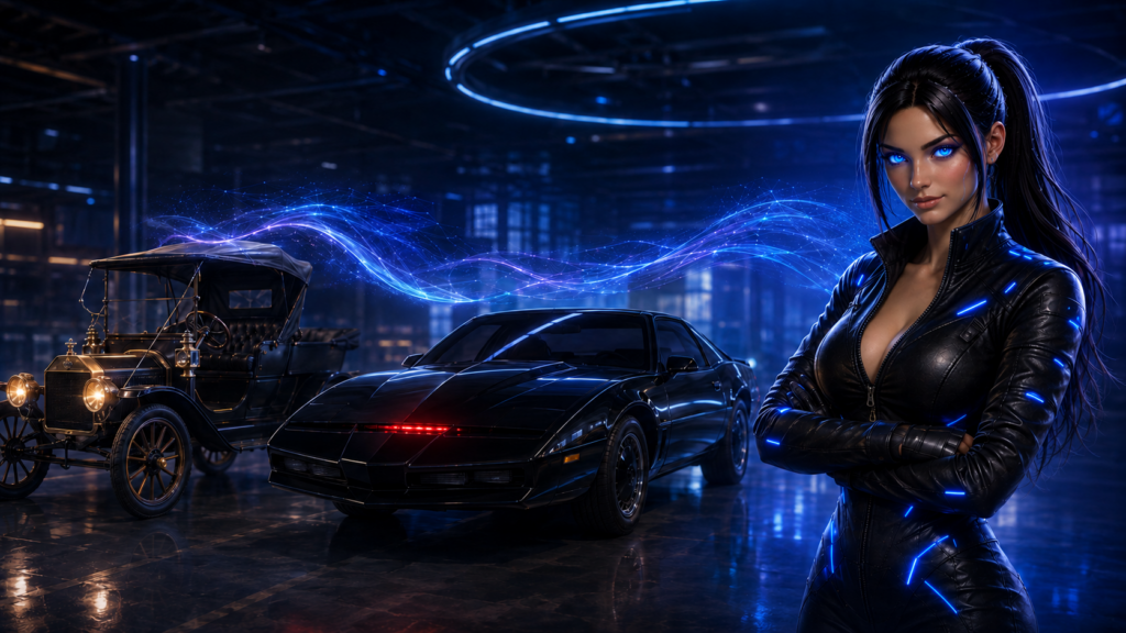 Confident woman in a black leather suit stands with arms crossed beside a sleek black sports car in a neon-lit garage.