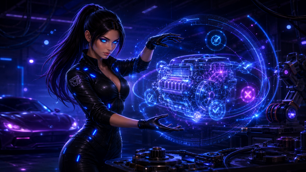 Futuristic woman in a black suit conjures a glowing holographic engine, with blue neon rings surrounding it.