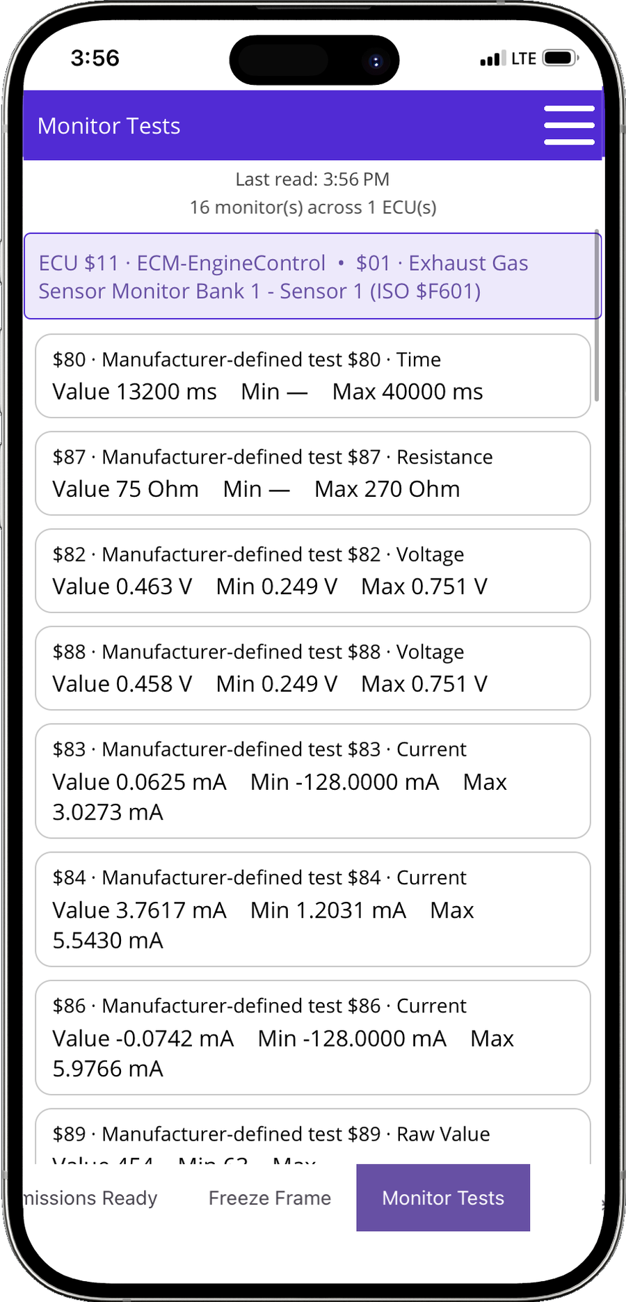 OBDAI Monitor Tests displaying measured vehicle evidence