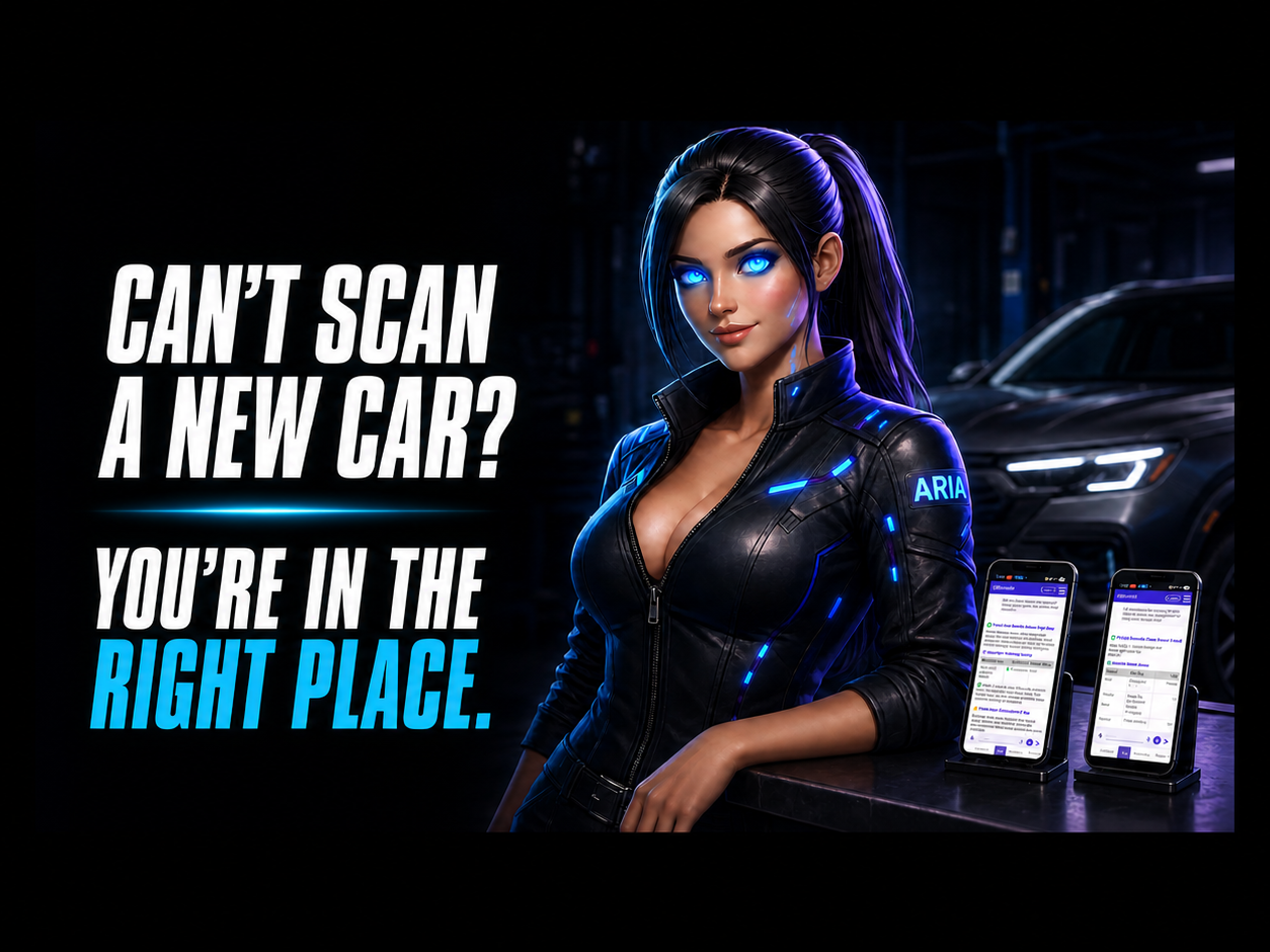 ARIA and two OBDAI diagnostic screens with the message: Can’t scan a new car? You’re in the right place.