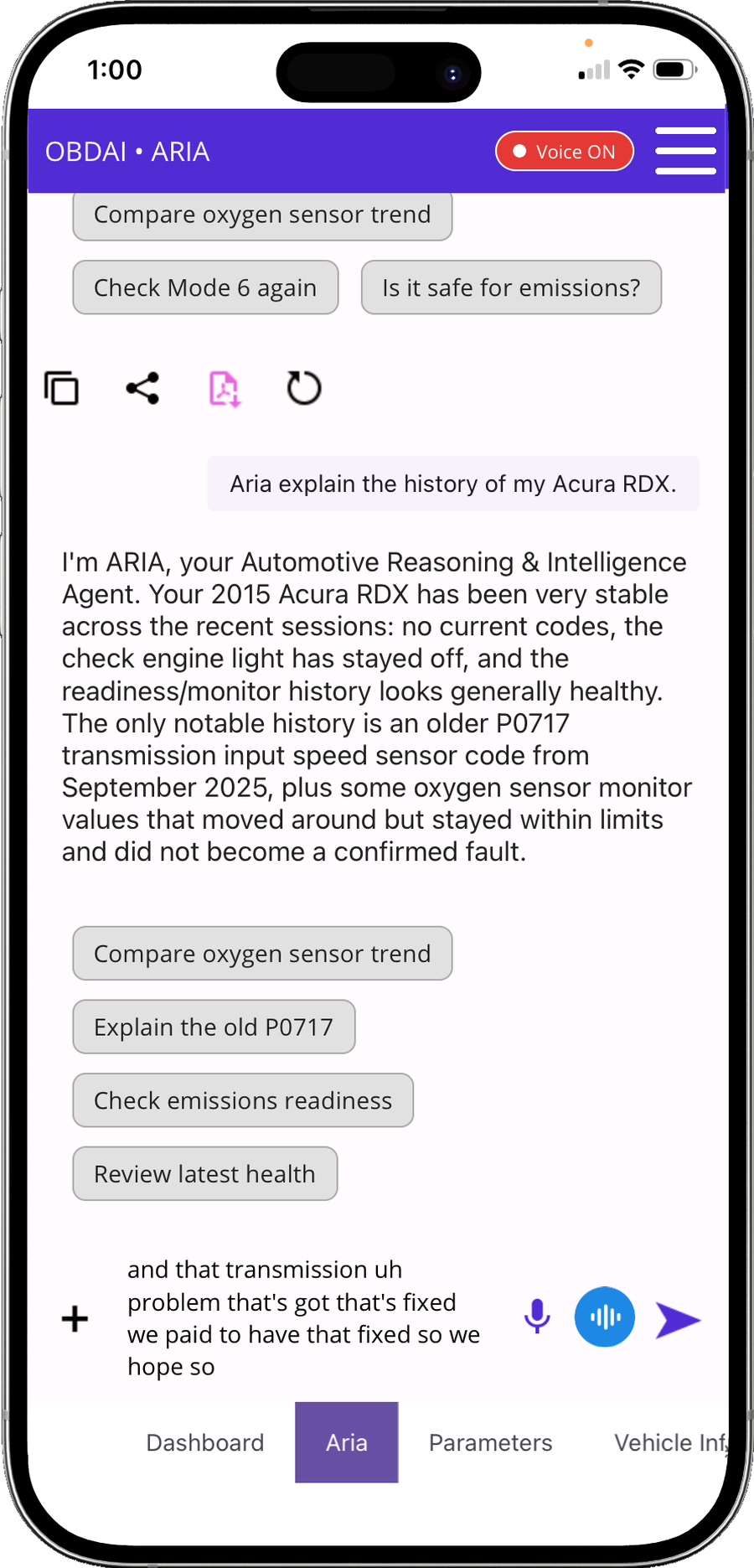 ARIA interpreting vehicle evidence in the OBDAI app