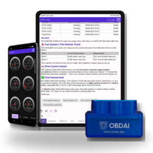 OBDAI Premium GEN1 cinematic triangle transparent primary large v5 - OBDAI OBDAI Premium diagnostic app with the GEN1 adapter in a cinematic three-dimensional composition