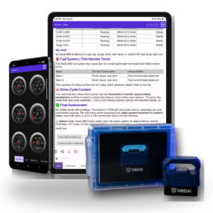OBDAI Premium GEN2 cinematic triangle transparent primary large v5 - OBDAI OBDAI Premium diagnostic app with OBD BLE GEN2 hardware in a cinematic three-dimensional composition