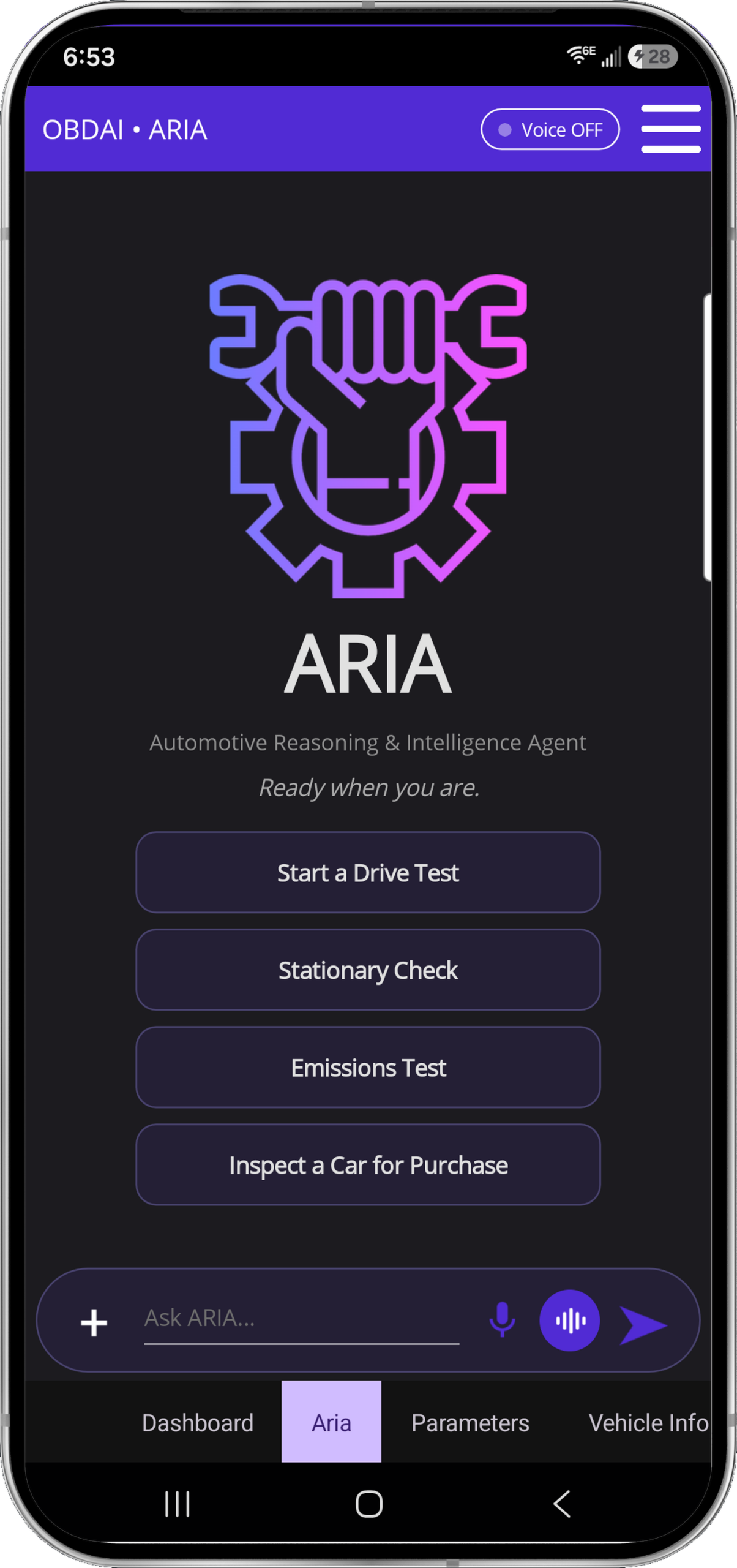 Current ARIA in the dark OBDAI app