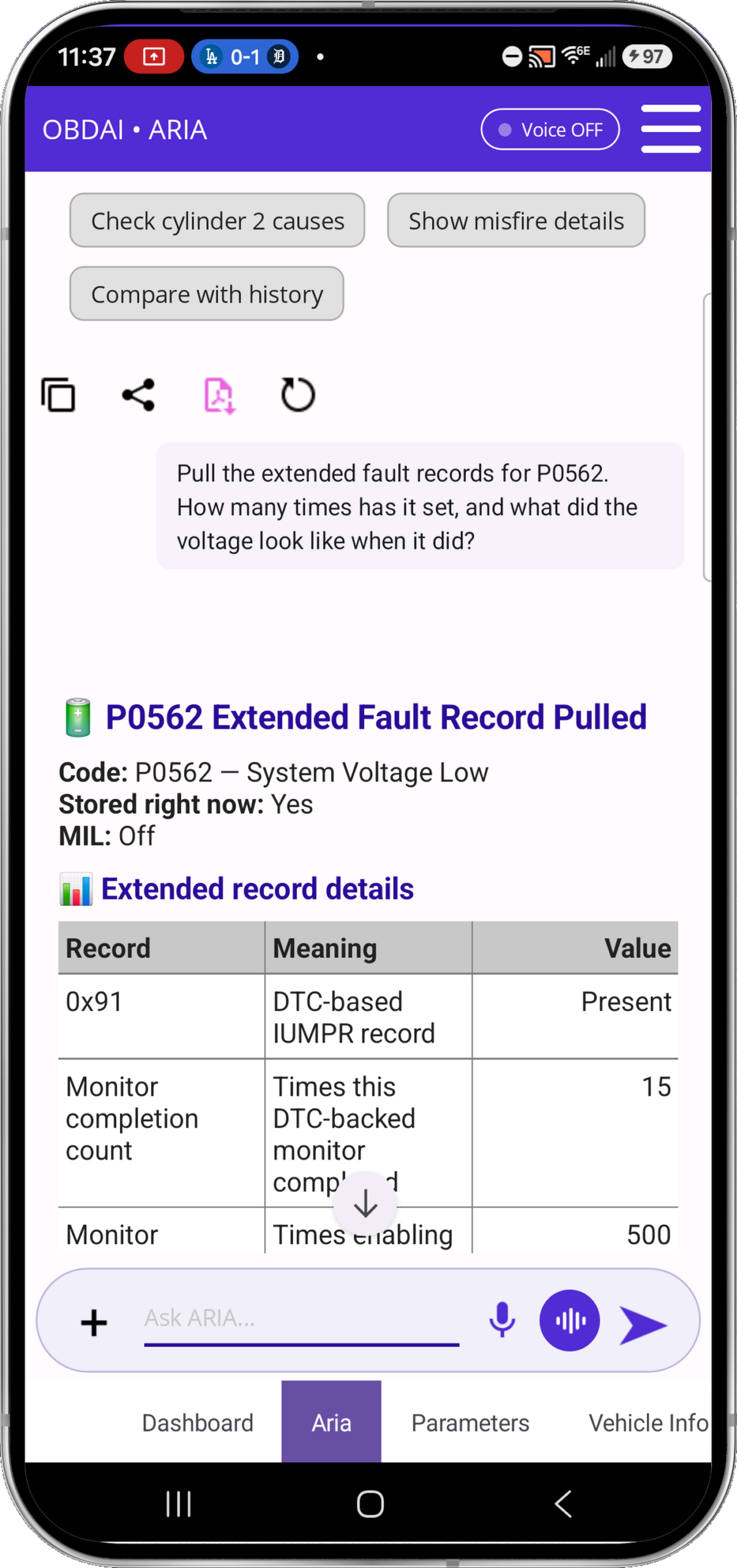 Current ARIA pulling an OBDonUDS extended fault record