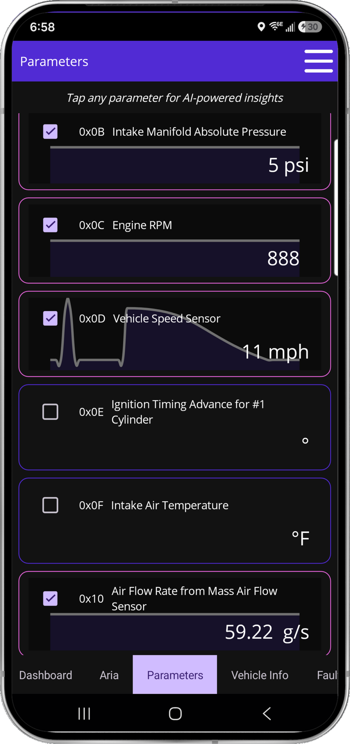 Live vehicle parameters and graph