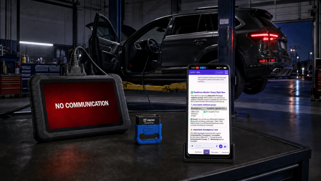 A conventional scan tool reports No Communication while OBDAI retrieves OBDonUDS readiness data from a late-model vehicle