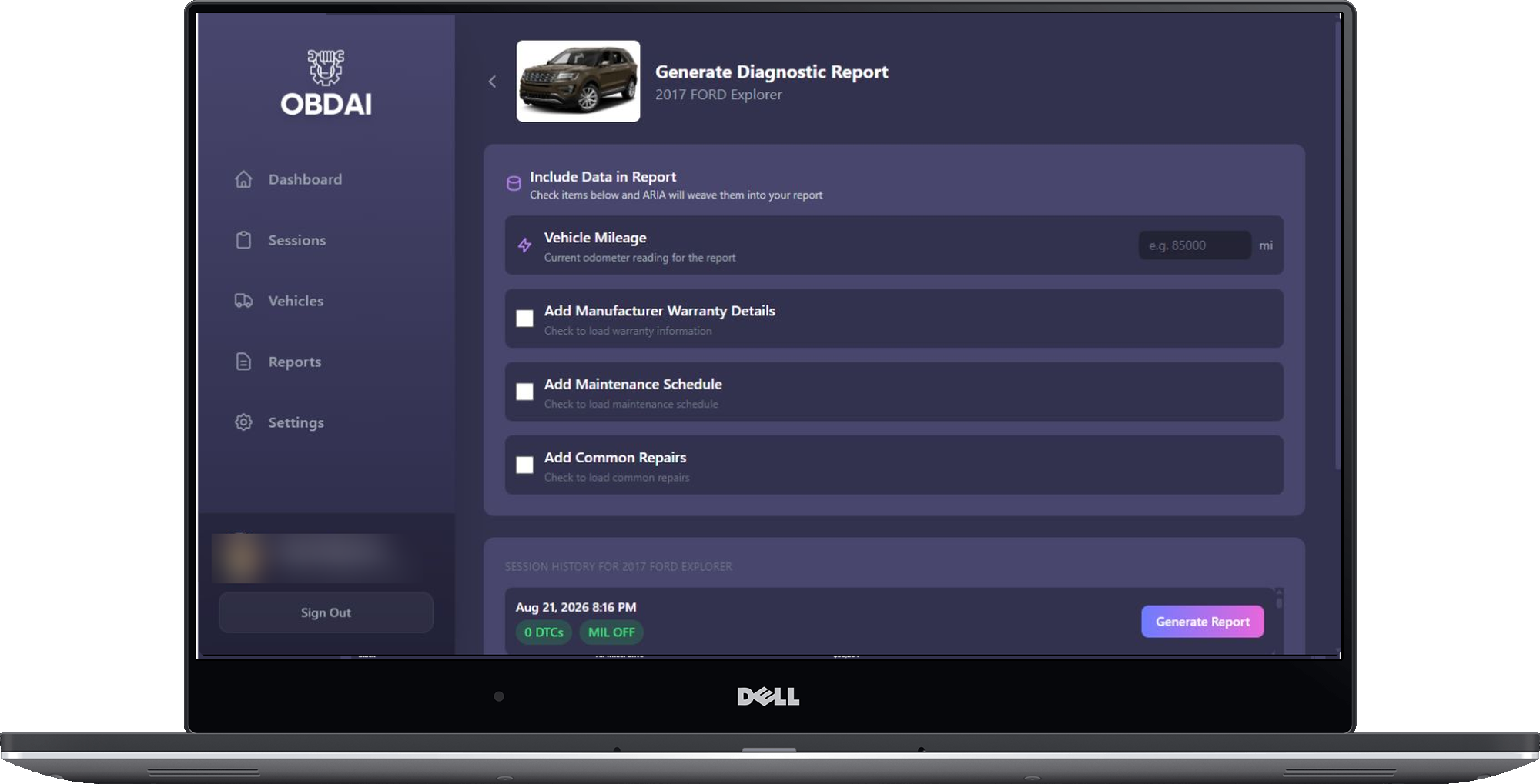 Real OBDAI PRO Diagnostic Report builder with warranty, maintenance and repair options