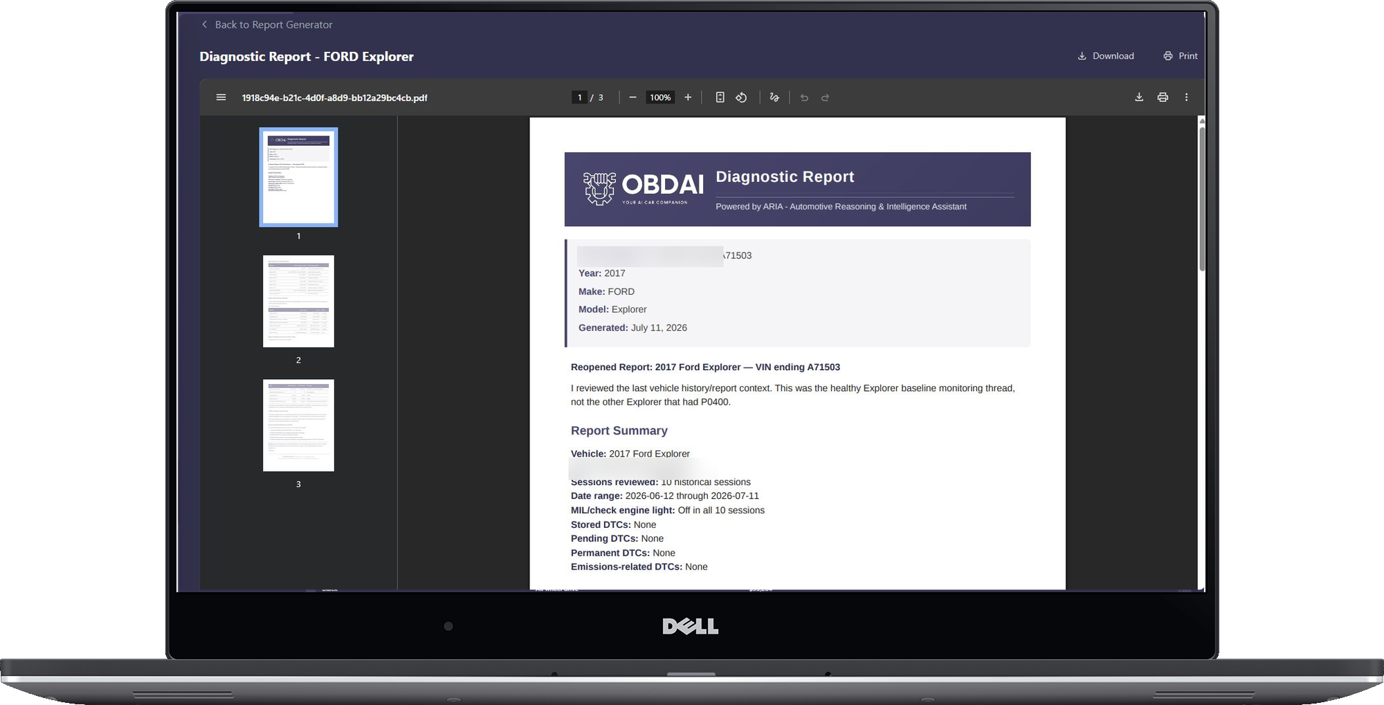 Shareable OBDAI Premium diagnostic report on a laptop