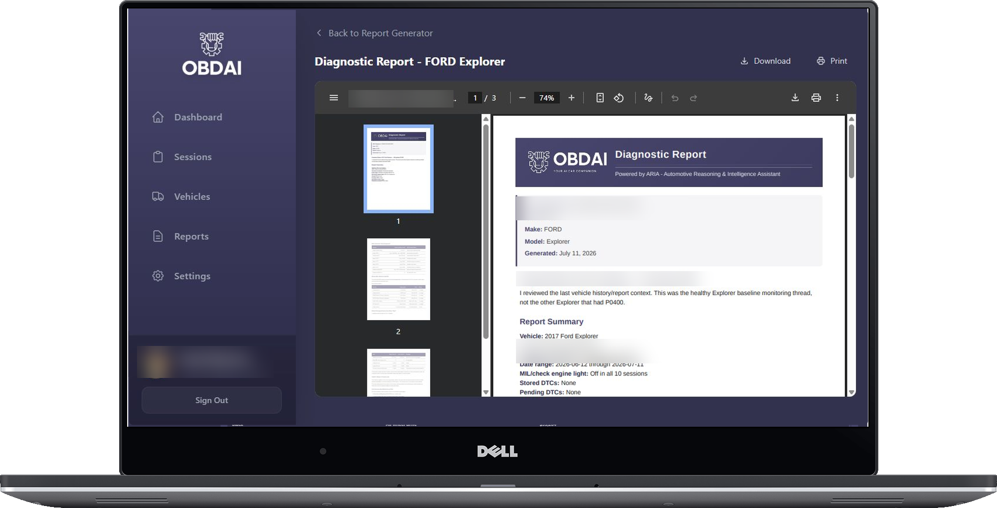 Real saved OBDAI diagnostic report with multiple pages, download and print controls