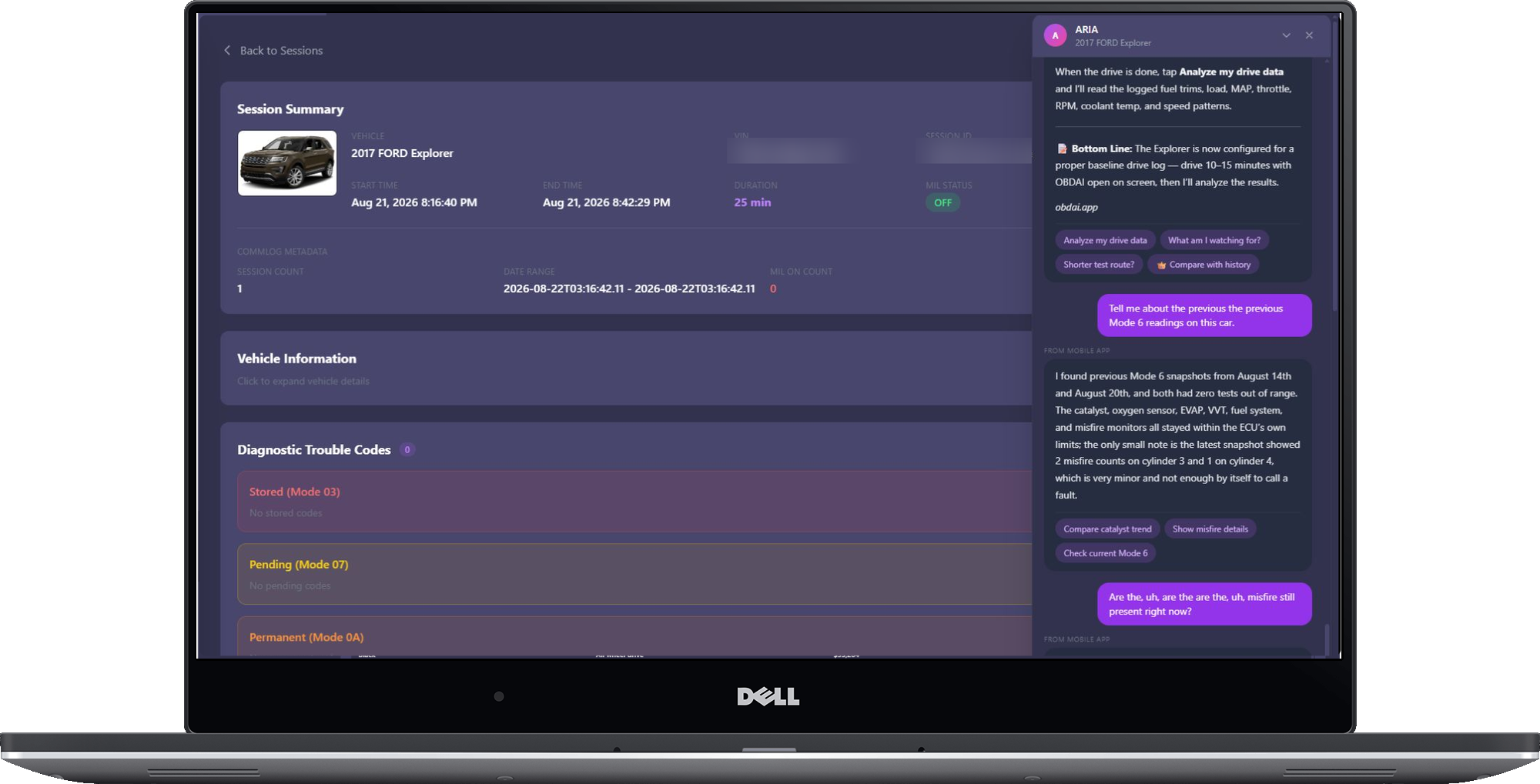 Real ARIA Web Chat reviewing Ford Mode 6 history