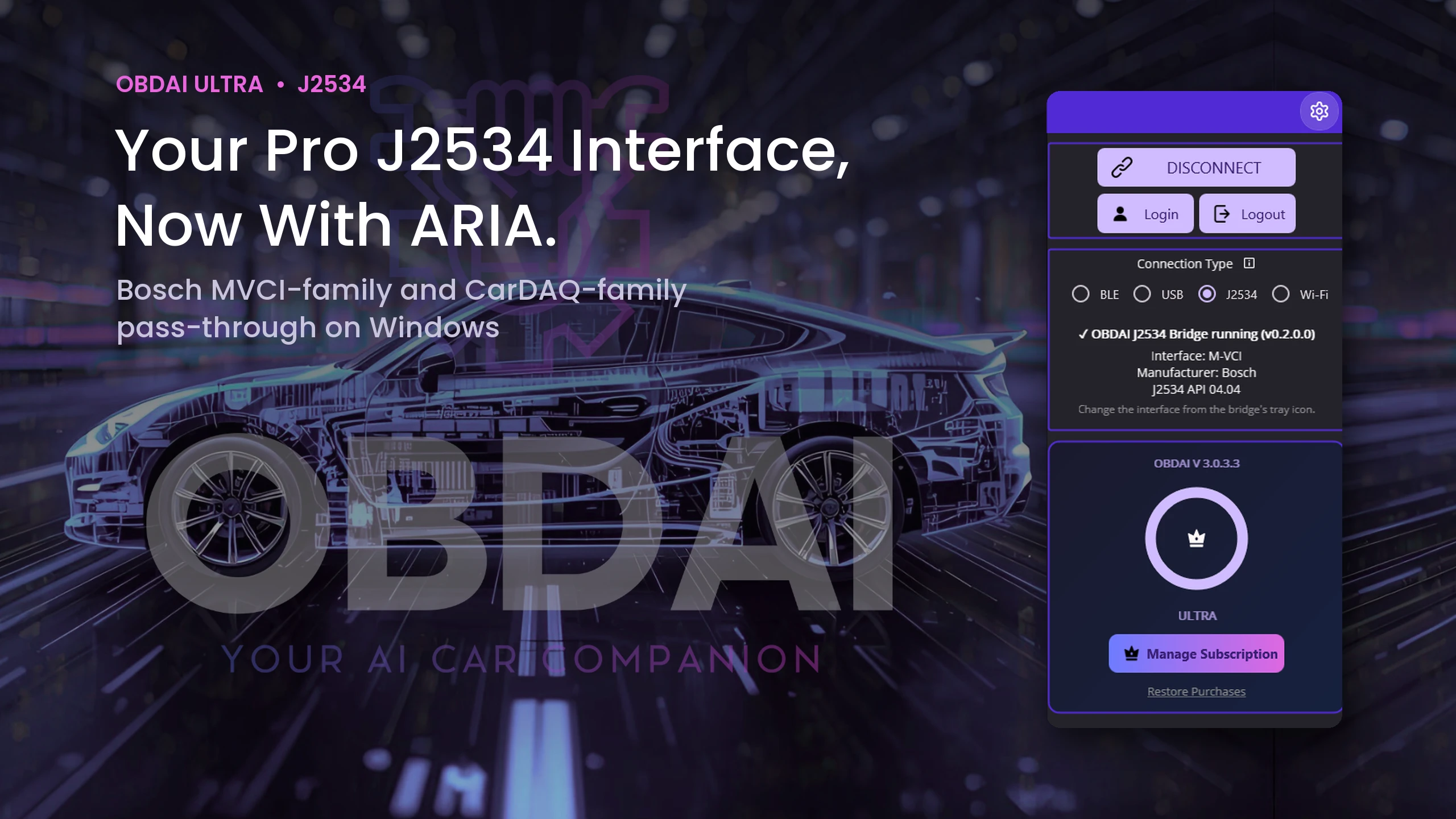 OBDAI on Windows connected through the OBDAI J2534 Bridge to a Bosch M-VCI interface, J2534 API 04.04, Ultra plan