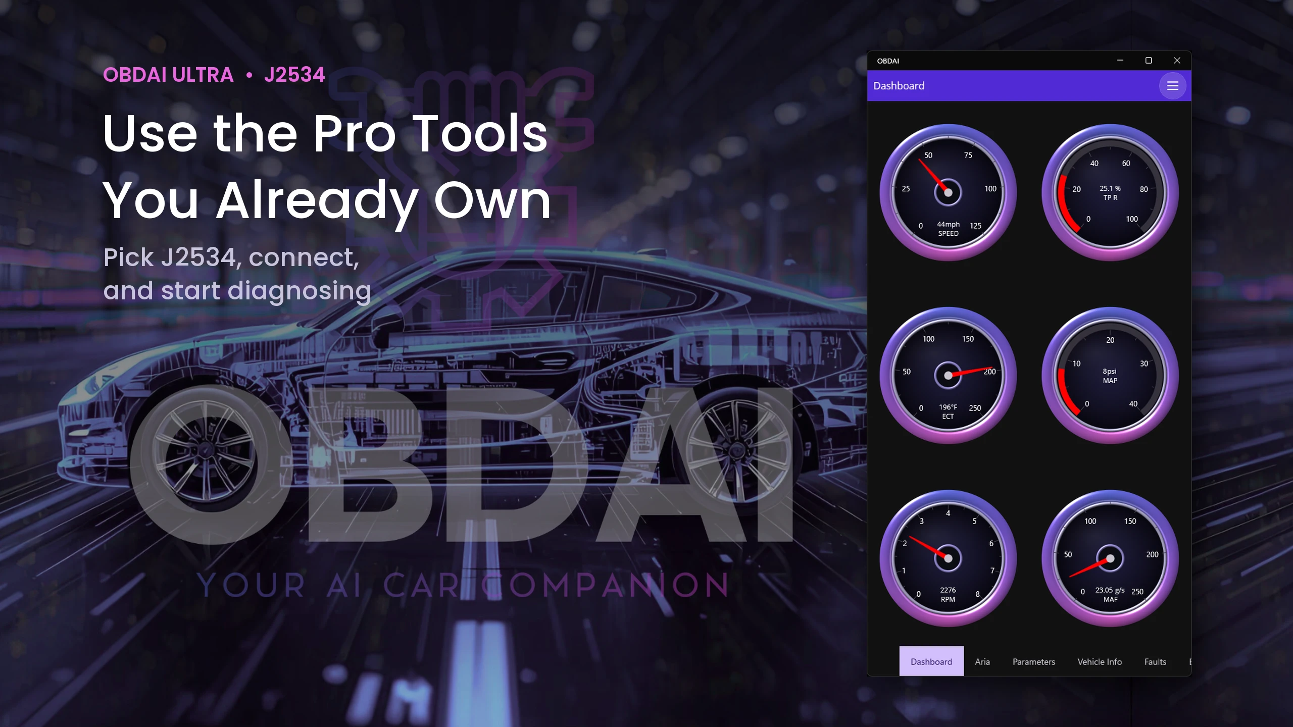 OBDAI live gauges for speed, throttle, coolant, MAP, RPM and MAF over J2534