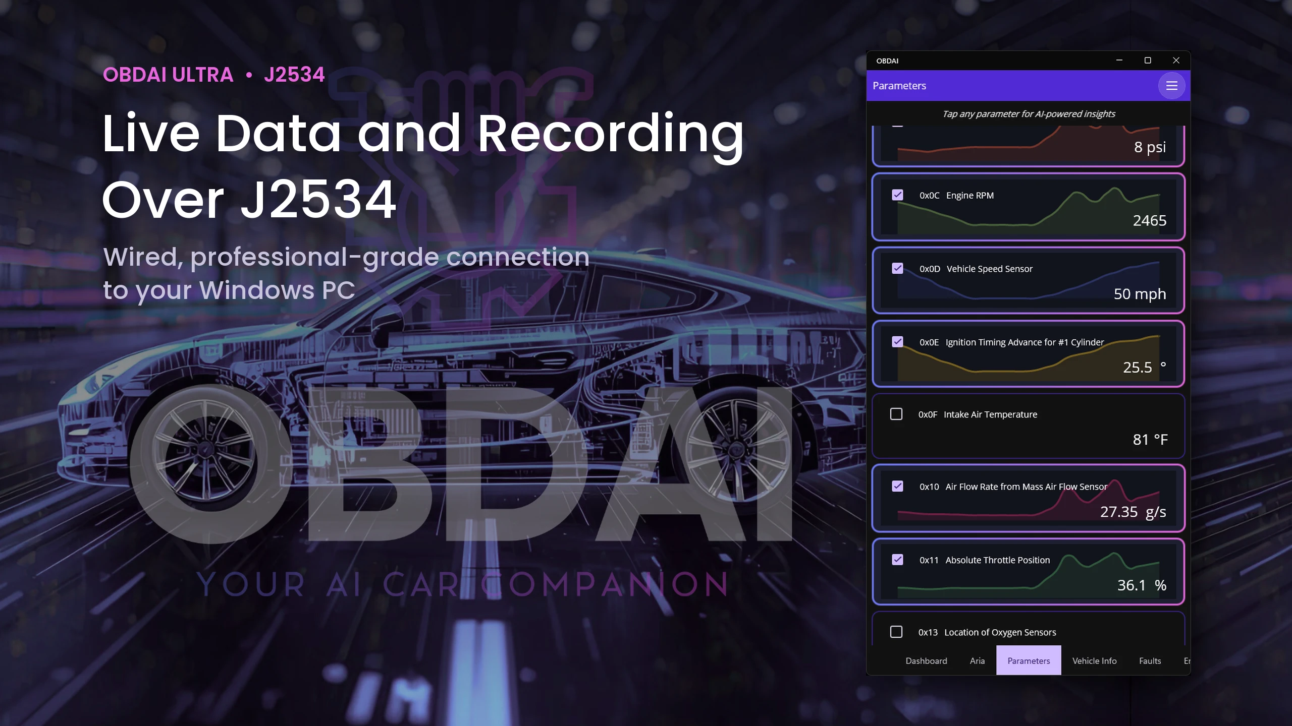 OBDAI live parameter graphs for RPM, speed, timing, MAF and throttle over J2534