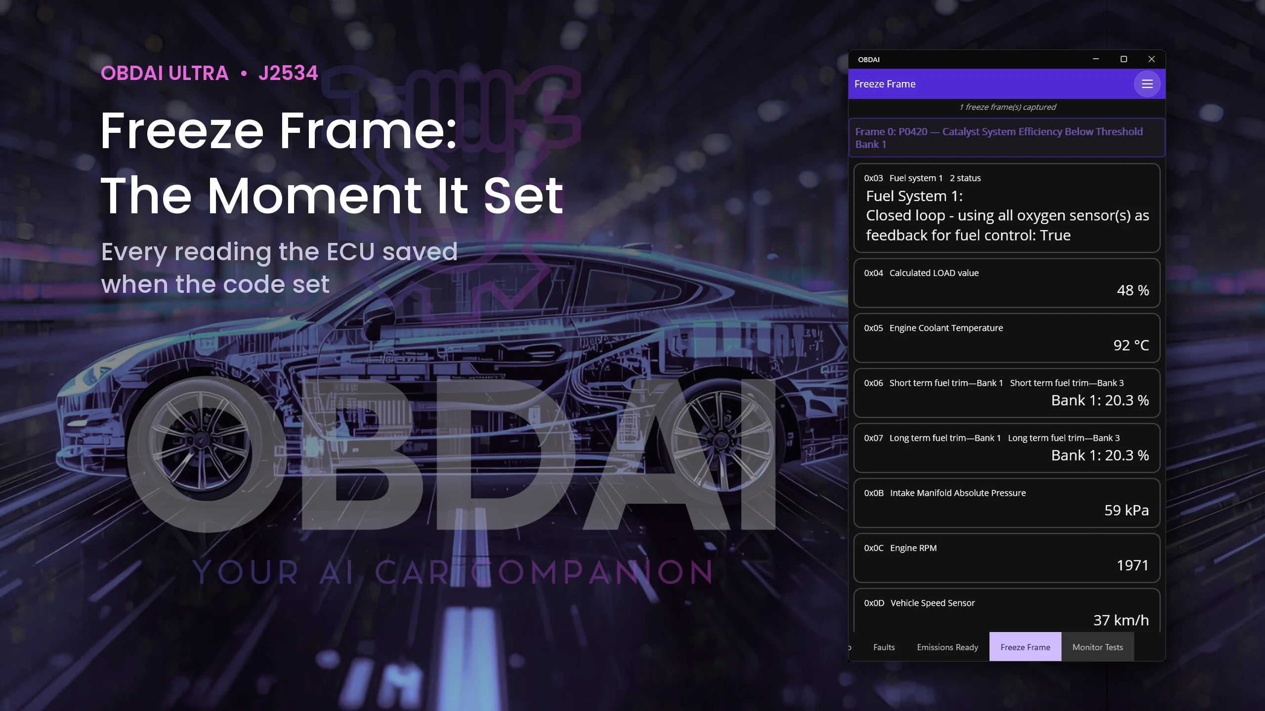 OBDAI freeze frame stored with P0420, with fuel trims, load, RPM and speed