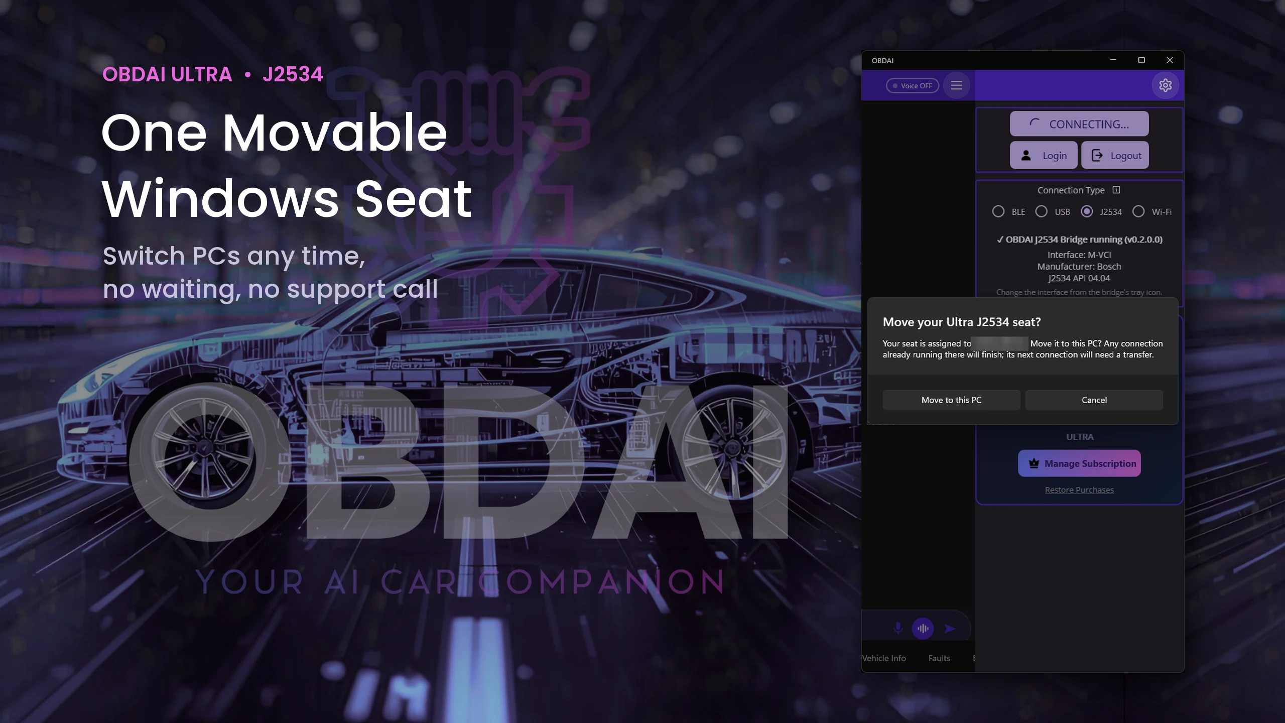 OBDAI prompt to move the Ultra J2534 seat to this PC