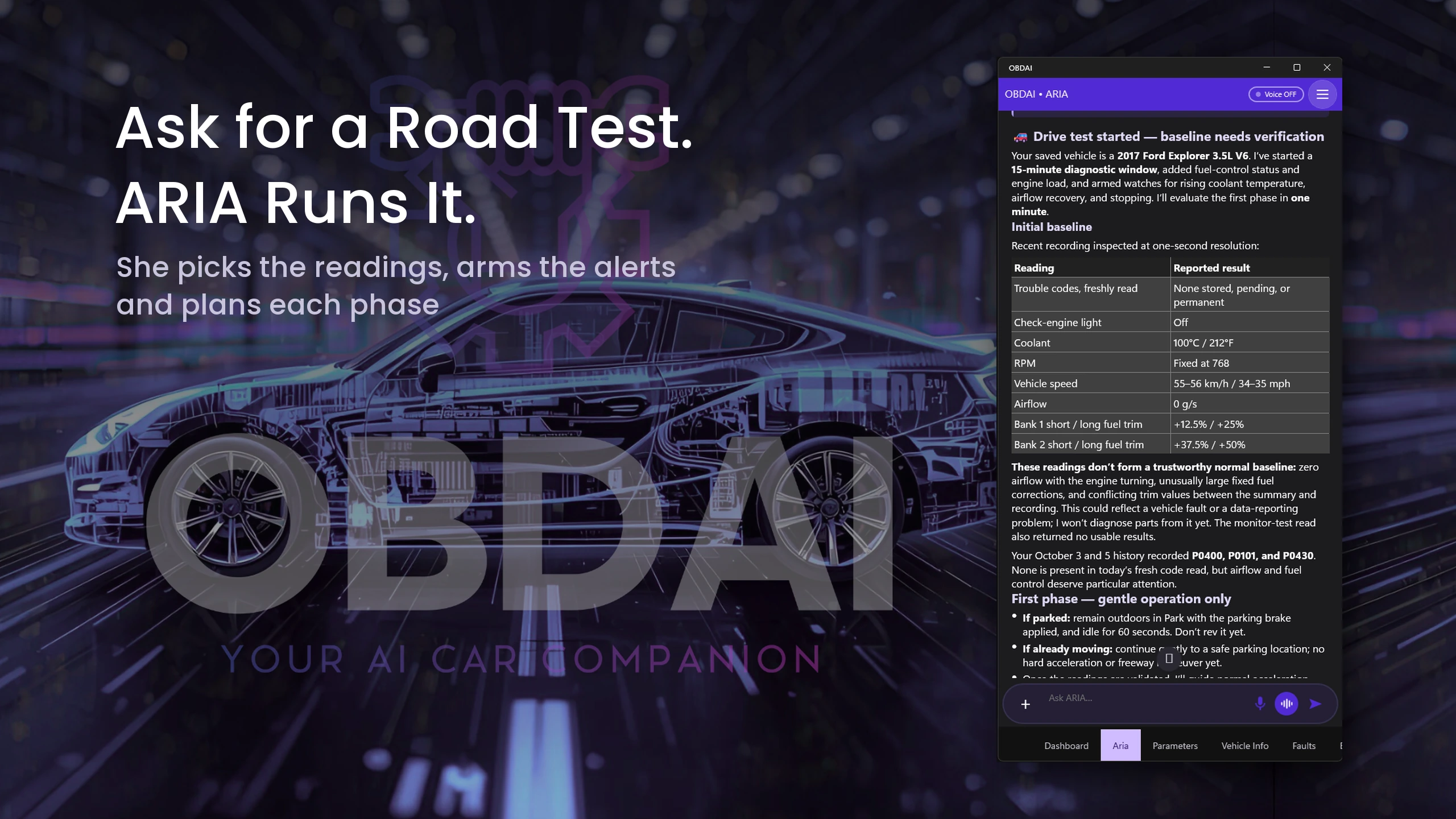 Plan a useful road test: OBDAI on Windows, demonstration data