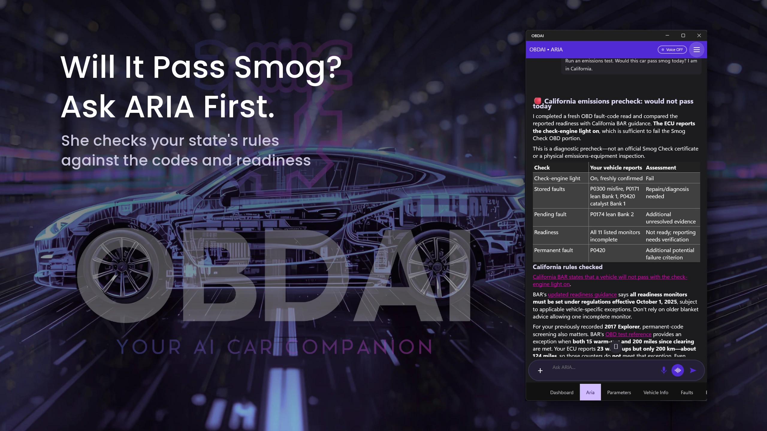 An informed emissions check: OBDAI on Windows, demonstration data