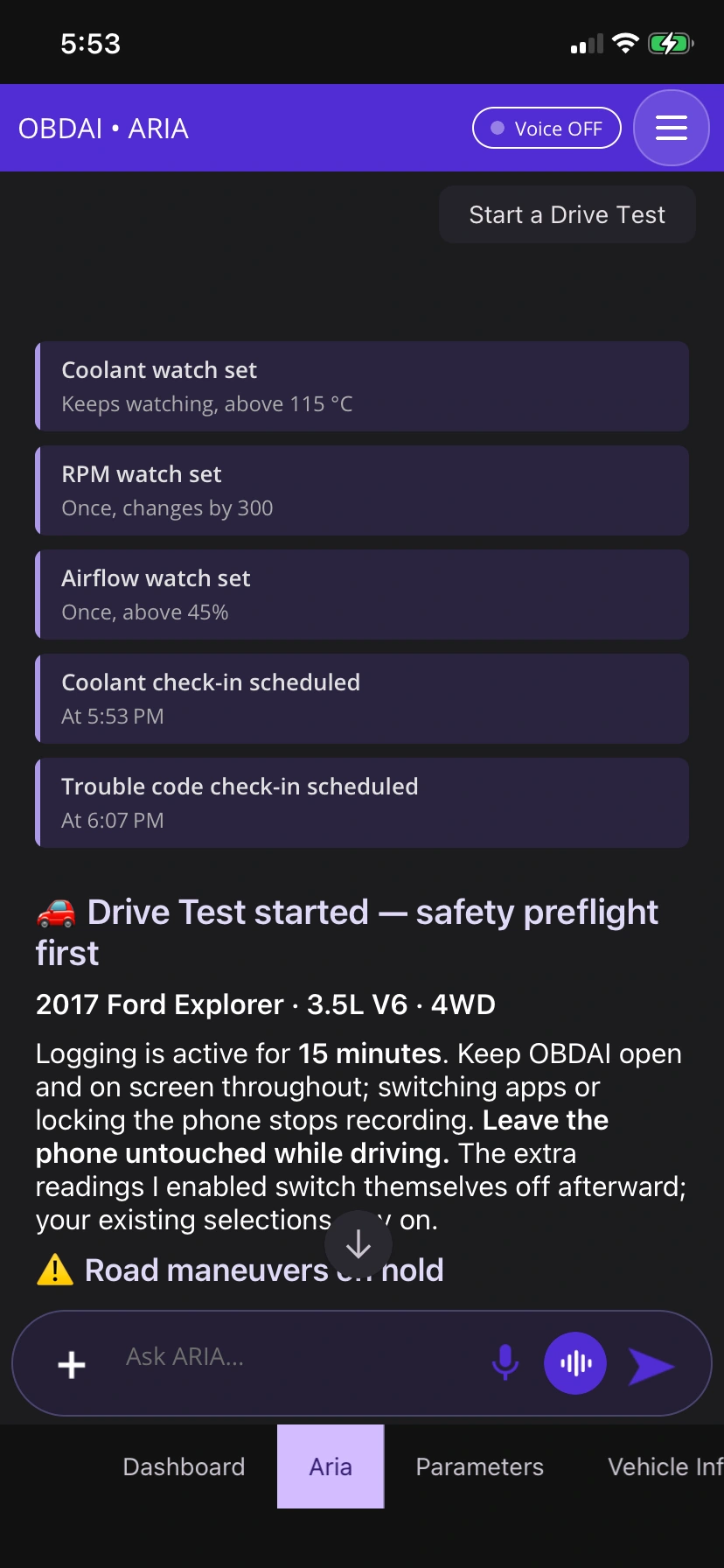 Give the drive a purpose: OBDAI on iPhone, demonstration data