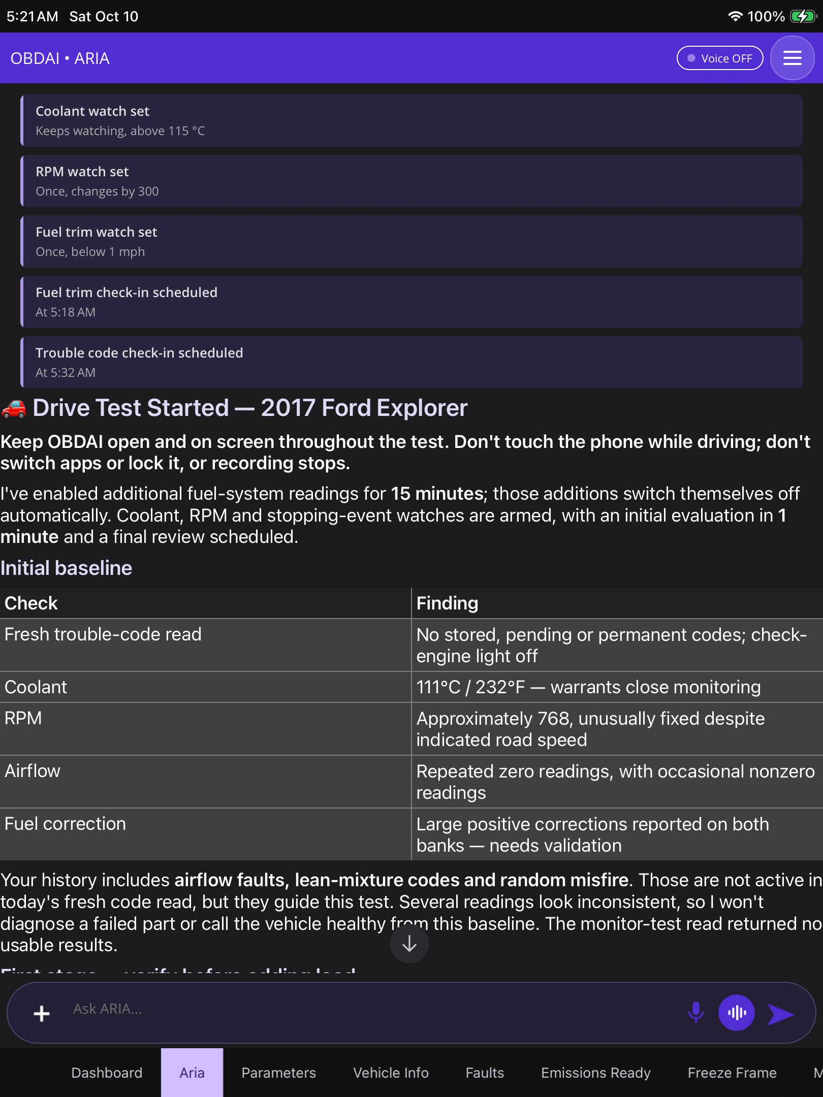 Give the drive a purpose: OBDAI on iPad, demonstration data