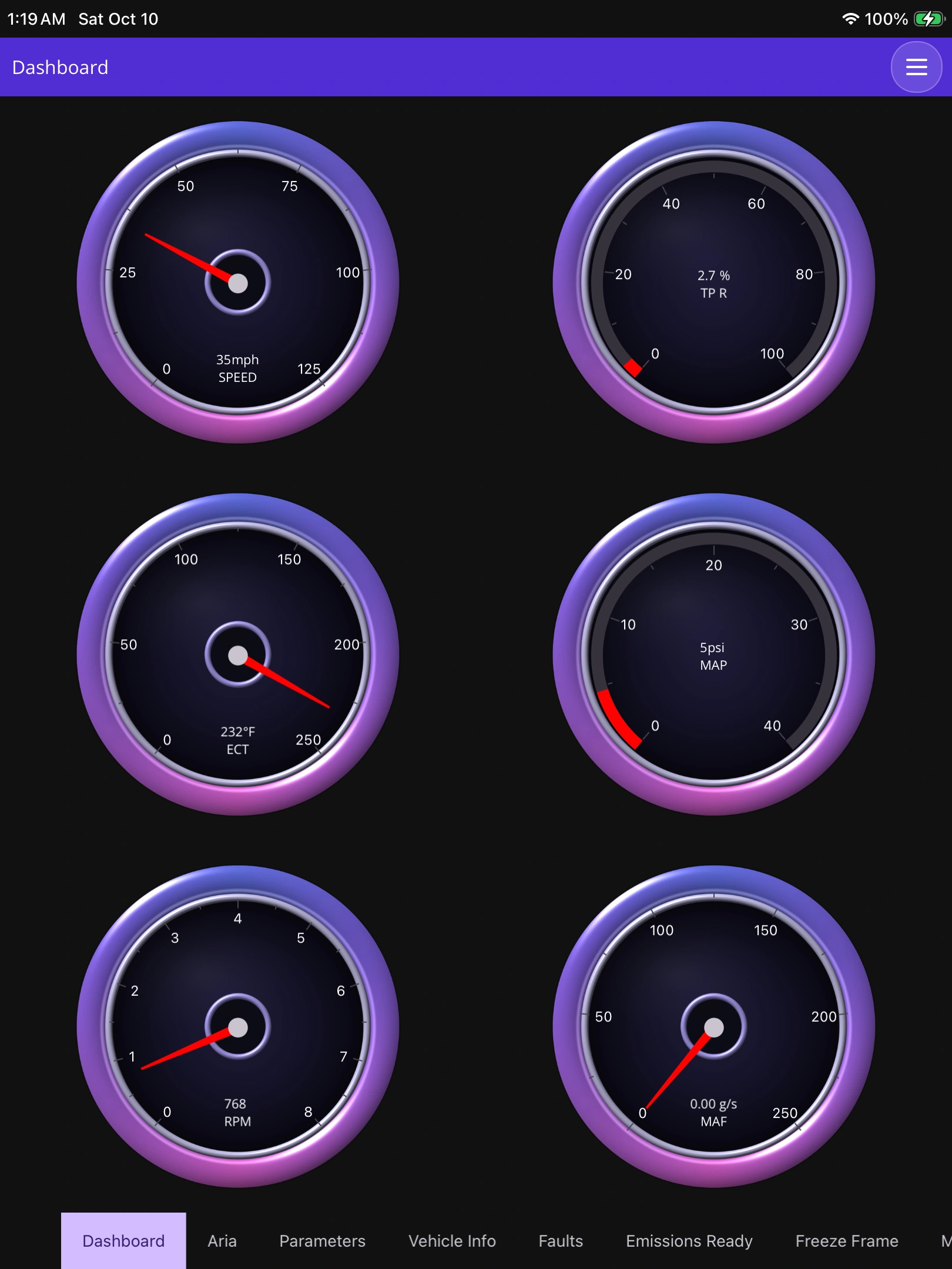 The pulse of the drive: OBDAI on iPad, demonstration data