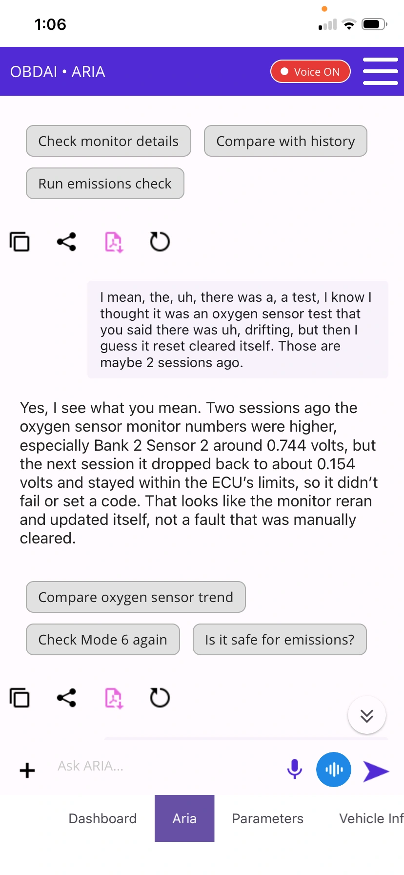 Ask what changed: OBDAI on iPhone, demonstration data