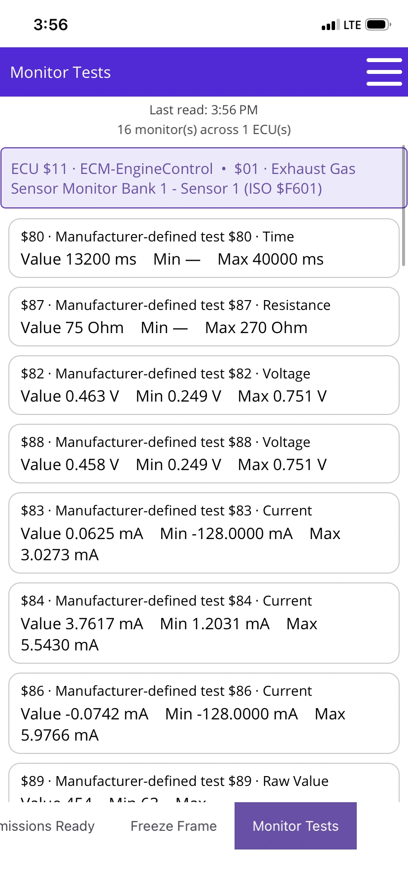 The ECU’s own test results: OBDAI on iPhone, demonstration data