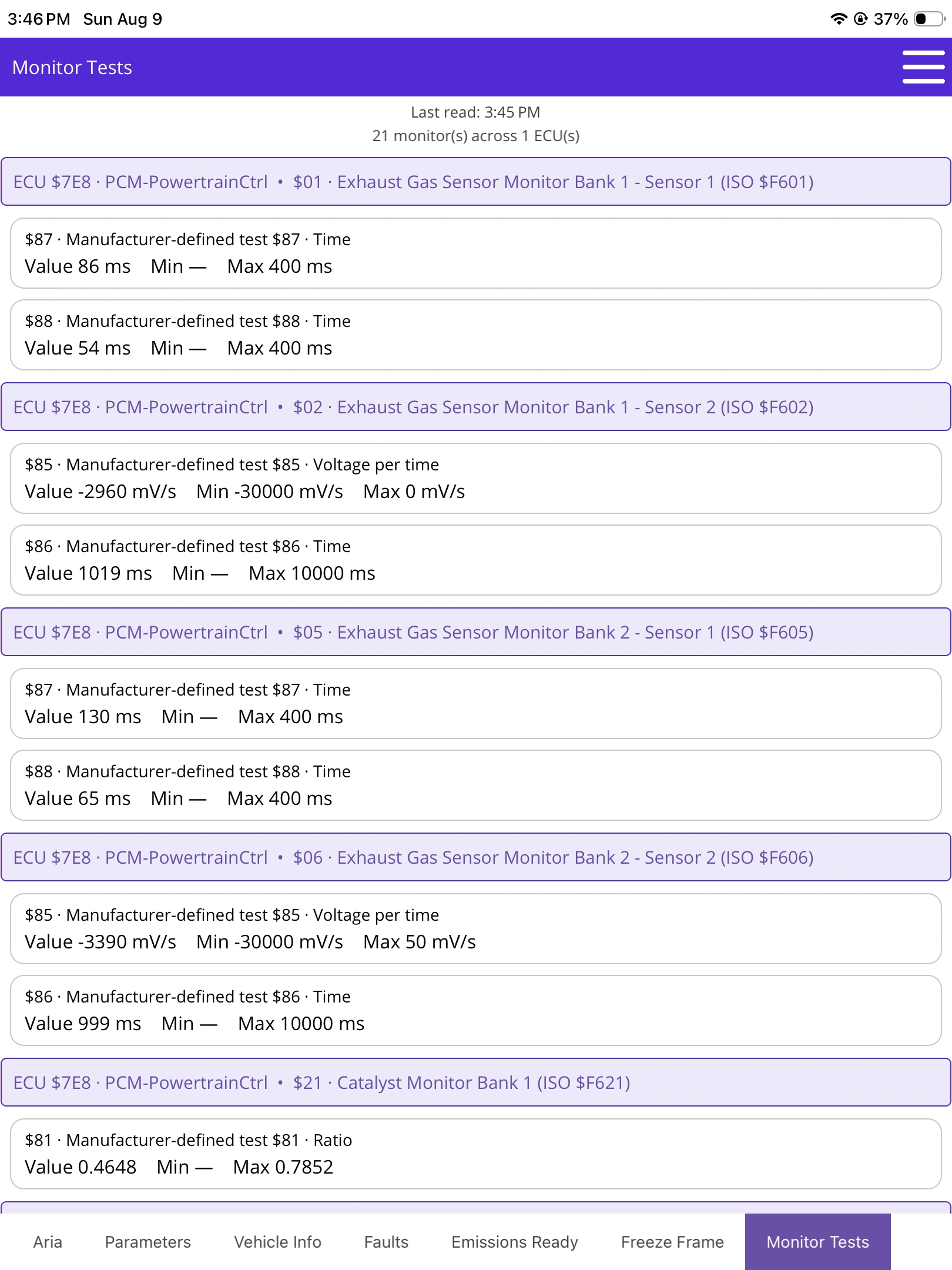 The ECU’s own test results: OBDAI on iPad, demonstration data