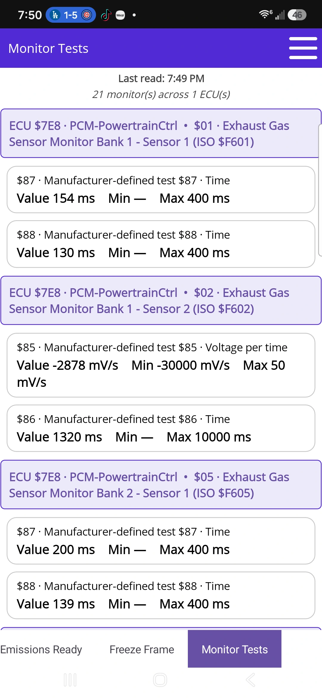 The ECU’s own test results: OBDAI on Android, demonstration data