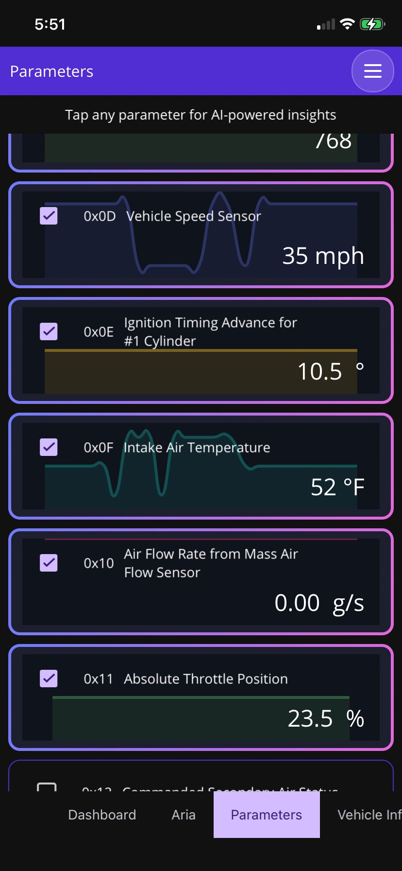 Put the readings in context: OBDAI on iPhone, demonstration data