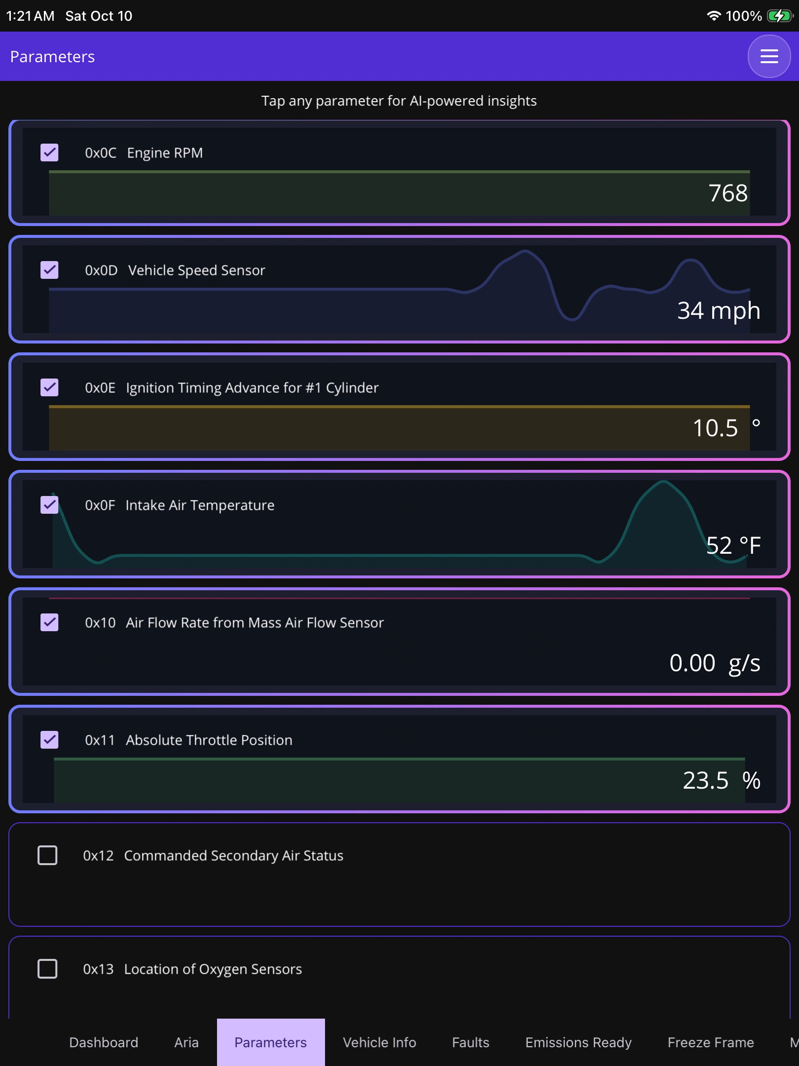 Put the readings in context: OBDAI on iPad, demonstration data