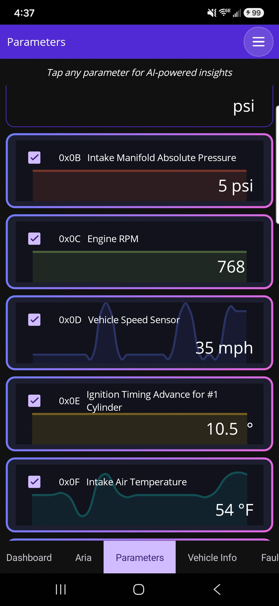 Put the readings in context: OBDAI on Android, demonstration data
