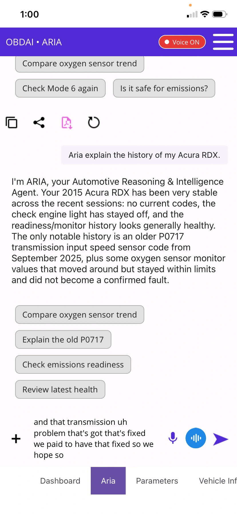 ARIA in light theme reviews vehicle history with voice enabled