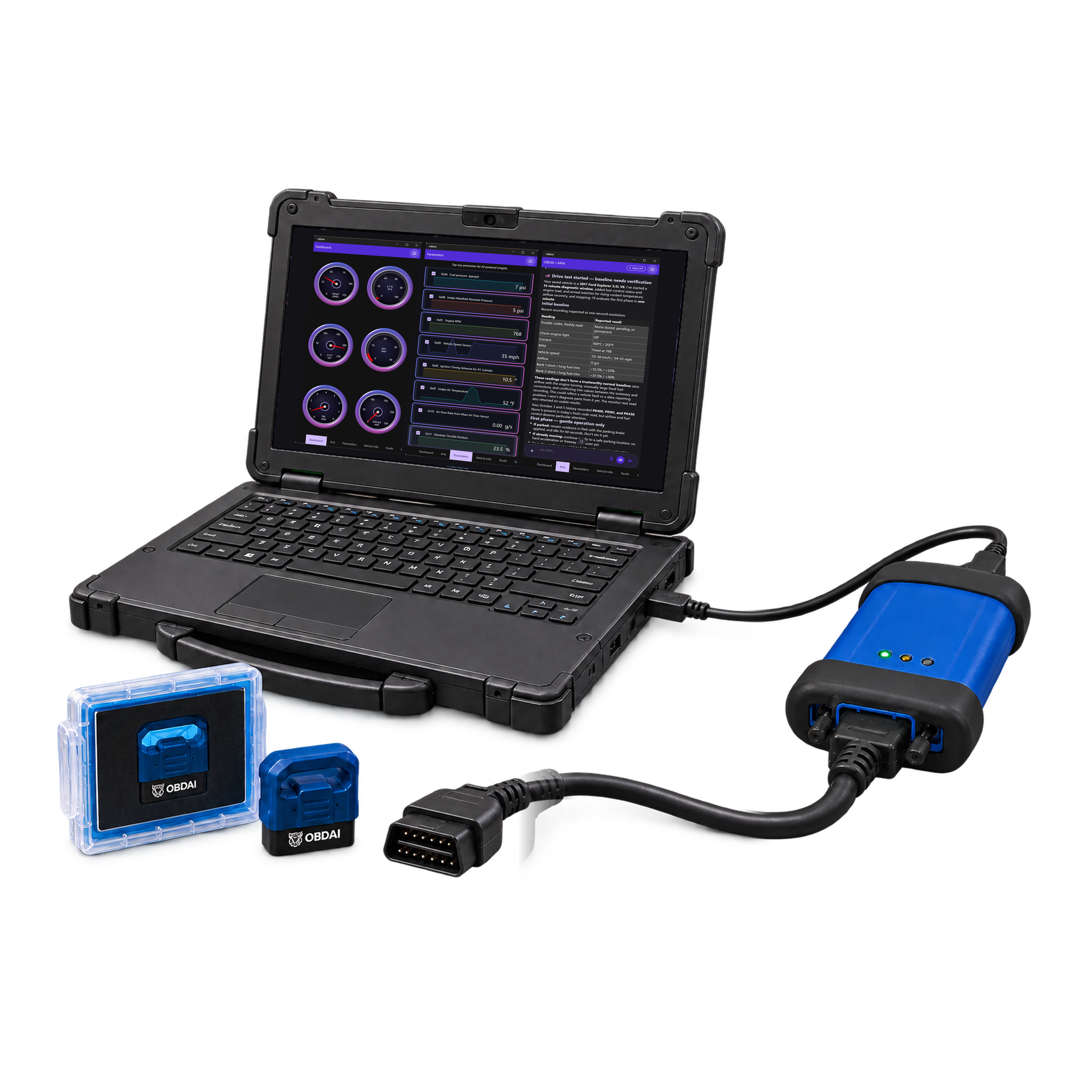 OBDAI Ultra: a J2534 pass-through interface, its OBD-II cable ready for the vehicle, connected by USB to a Windows laptop showing OBDAI's live gauges, with the included OBDAI GEN2 wireless adapter and case. The VCI and Windows PC are not included.