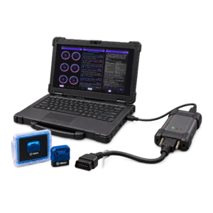 obdai-ultra-j2534-primary-2048-v8 - OBDAI Rugged laptop open to a vehicle diagnostic dashboard with circular gauges and charts, connected to blue OBD device modules and cables.