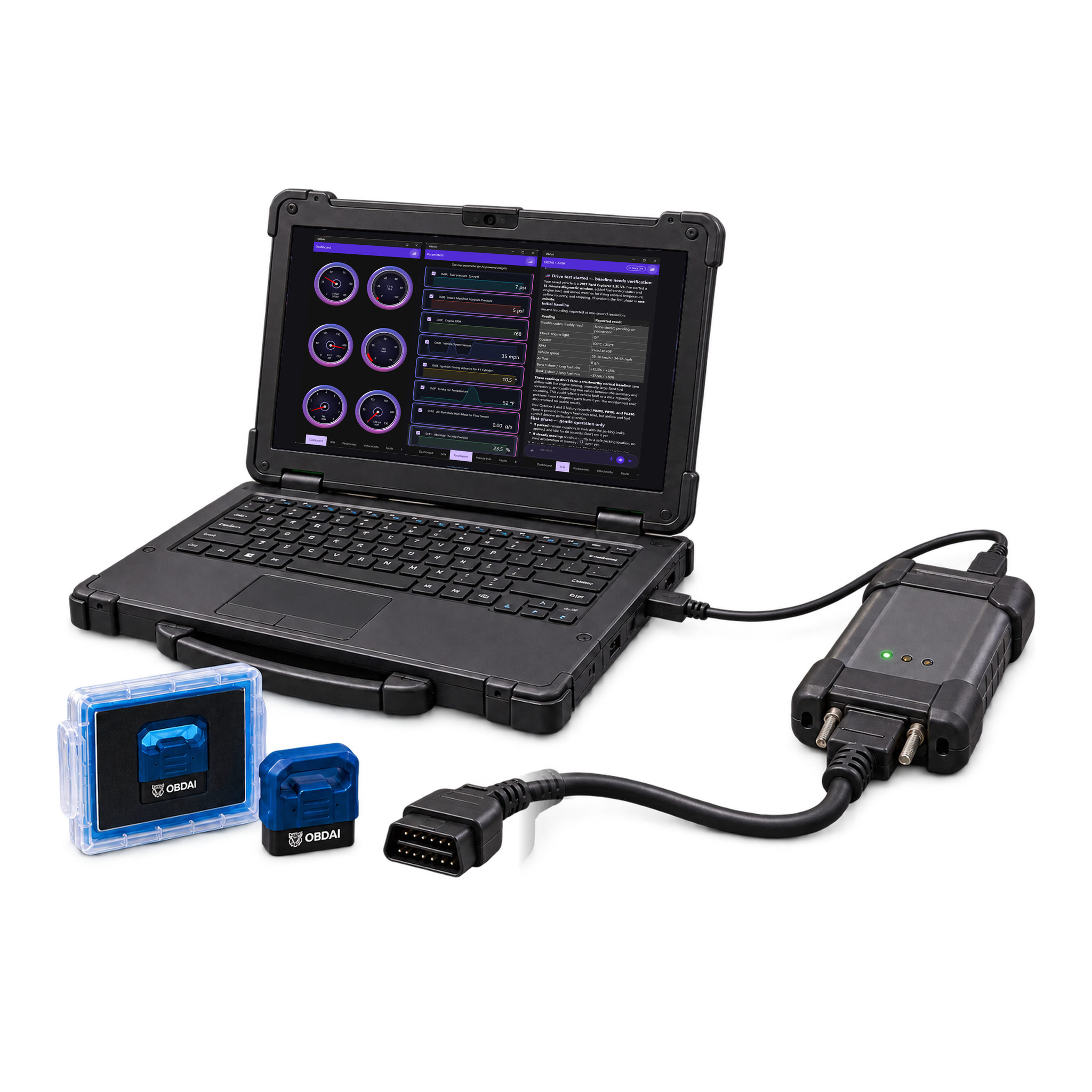 obdai-ultra-j2534-primary-2048-v8 - OBDAI Rugged laptop open to a vehicle diagnostic dashboard with circular gauges and charts, connected to blue OBD device modules and cables.