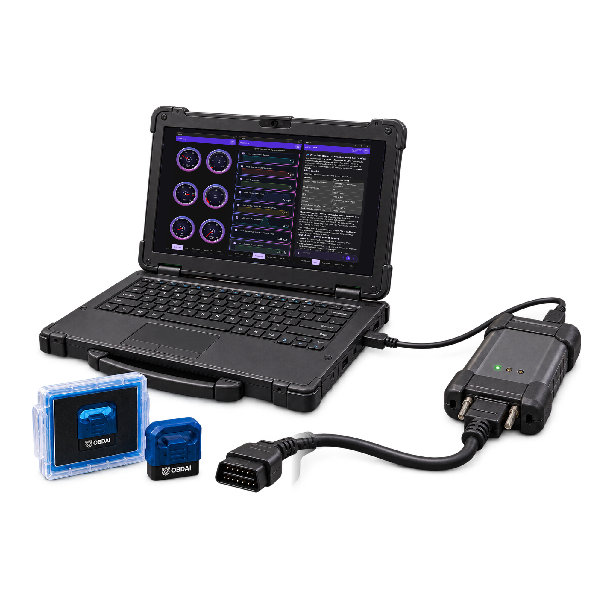 OBDAI Ultra: a J2534 pass-through interface, its OBD-II cable ready for the vehicle, connected by USB to a Windows laptop showing OBDAI's live gauges, with the included OBDAI GEN2 wireless adapter and case. The VCI and Windows PC are not included.