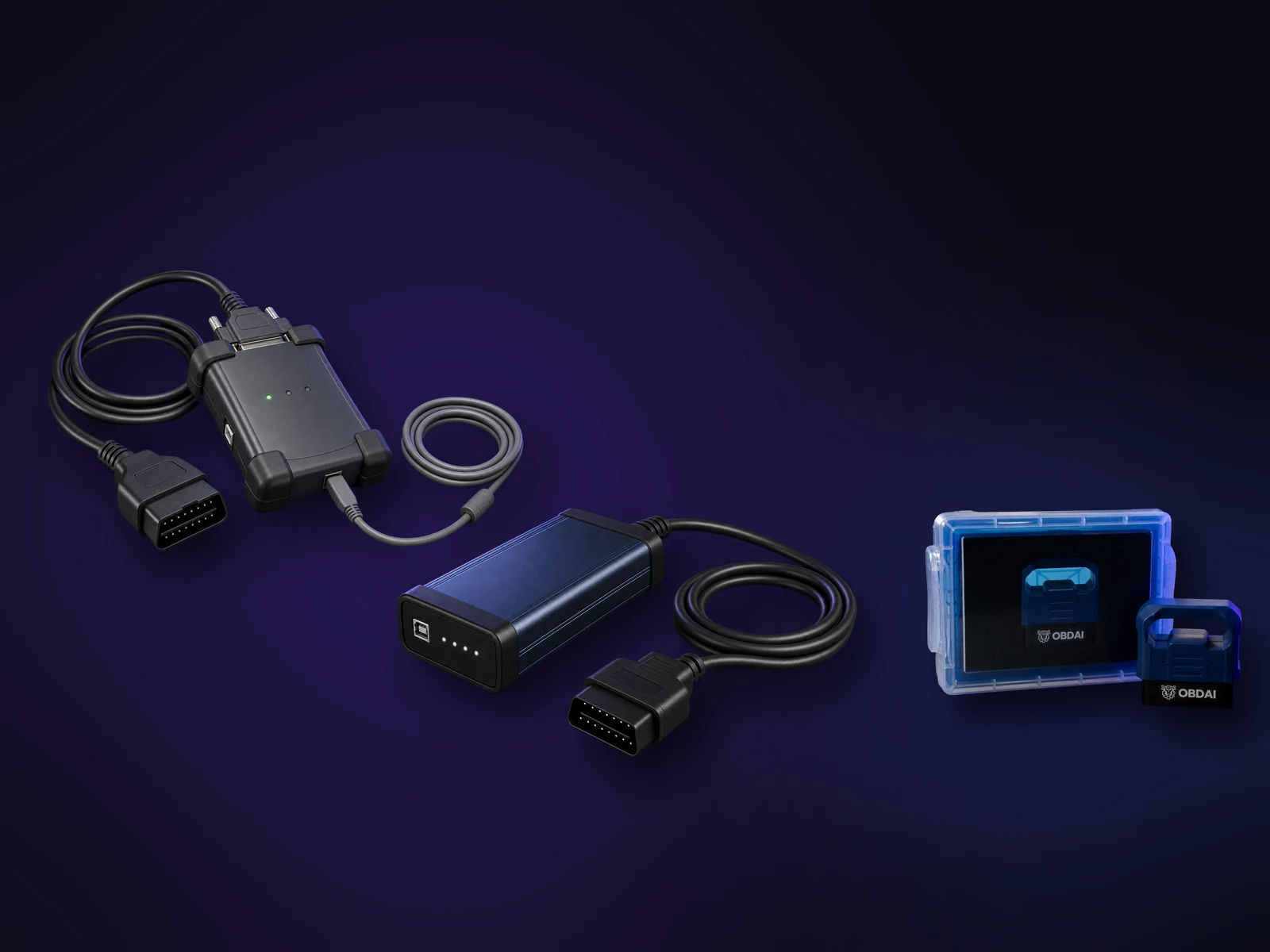 Two examples of professional J2534 pass-through interfaces a shop may already own (not included), next to the OBDAI GEN2 wireless adapter and case that ship with Ultra.