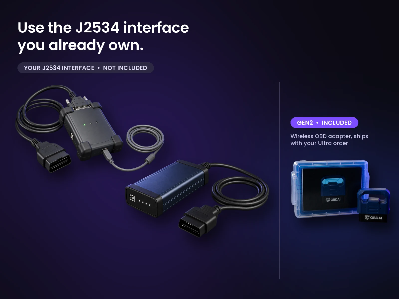 Two examples of professional J2534 pass-through interfaces a shop may already own (not included), next to the OBDAI GEN2 wireless adapter and case that ship with Ultra.