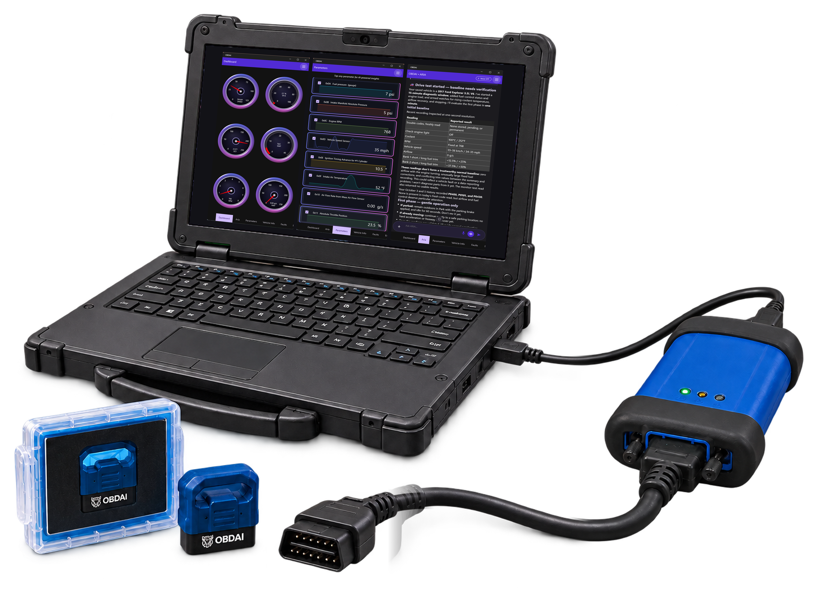 OBDAI Ultra: a Windows laptop running OBDAI's live gauges, live graphs and ARIA, connected by USB to a J2534 VCI with its OBD-II cable, beside the included OBDAI GEN2 wireless adapter. The VCI and Windows PC are not included.