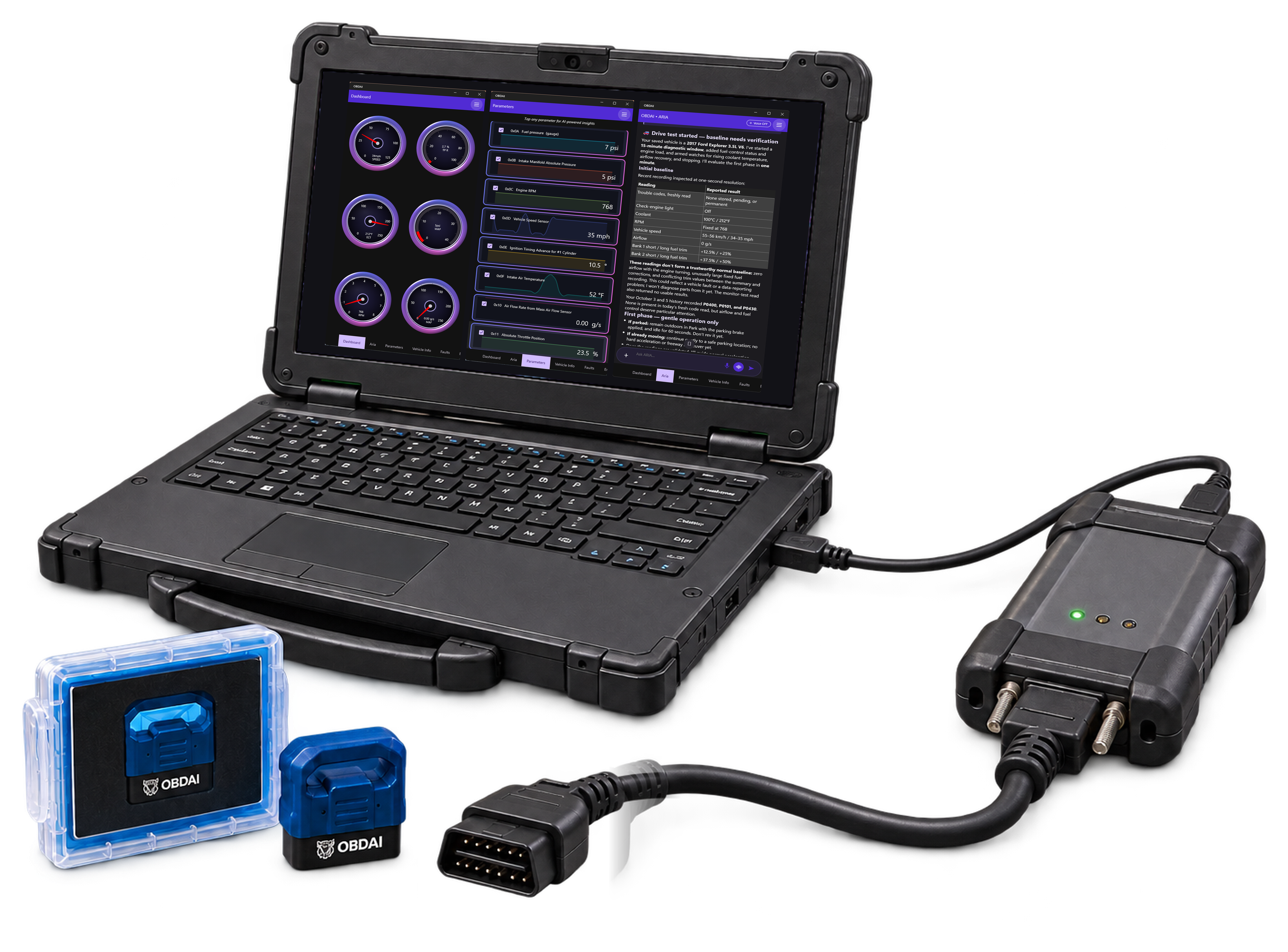 OBDAI Ultra: a Windows laptop running OBDAI's live gauges, live graphs and ARIA, connected by USB to a J2534 VCI with its OBD-II cable, beside the included OBDAI GEN2 wireless adapter. The VCI and Windows PC are not included.