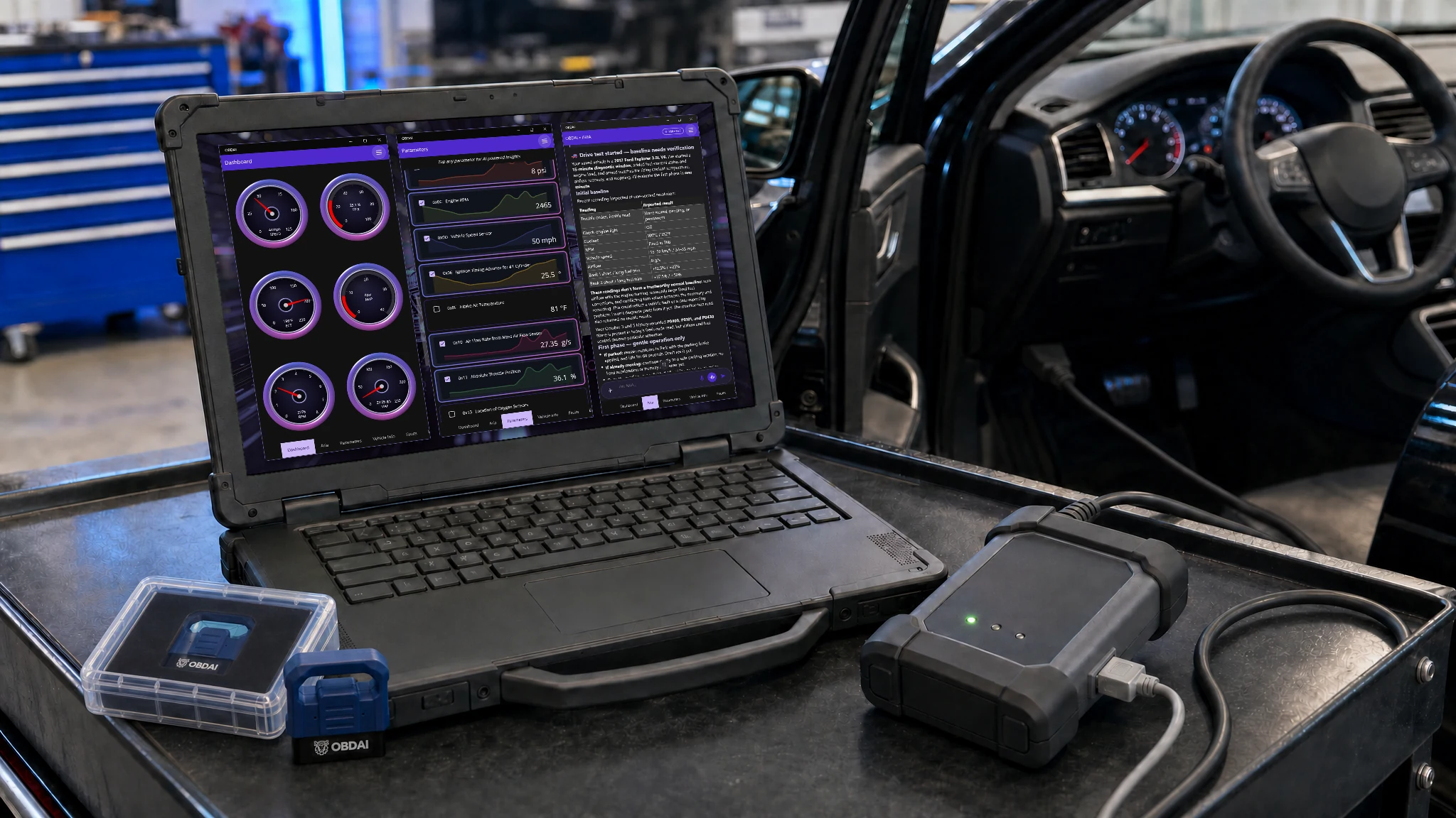 A technician's Windows laptop on a shop cart beside an open car door, showing OBDAI's live gauges over a J2534 pass-through interface cabled by USB to the laptop and to the car. VCI and PC not included.